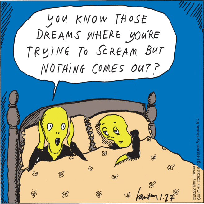 Rectangle OCR: you KNOW THOSE DREAMS WHERE you'RE TRYING TO SCREAM BUT NOTHING COMES OU?? 11.27 ©2022 Mary Lawton SIX CHIX ©2022 King Features SyndicateInc. you KNOW THOSE DREAMS WHERE you'RE TRYING TO SCREAM BUT NOTHING COMES OU?? 11.27 ©2022 Mary Lawton SIX CHIX ©2022 King Features Syndicate