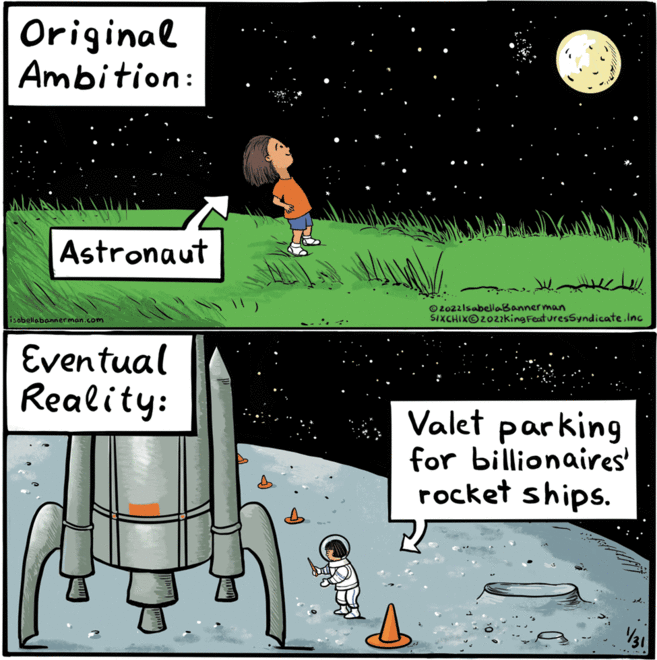 Technology OCR: Original Ambition: Astronaut O zo22lsabellaBanner man SIXCHIXO202kingFeaturesSyndicate.Inc isabellabonnerman.com Eventual Reality: Valet parking for billionaires' rocket ships. 31 Original Ambition: Astronaut O zo22lsabellaBanner man SIXCHIXO202kingFeaturesSyndicate.Inc isabellabonnerman.com Eventual Reality: Valet parking for billionaires' rocket ships. 31