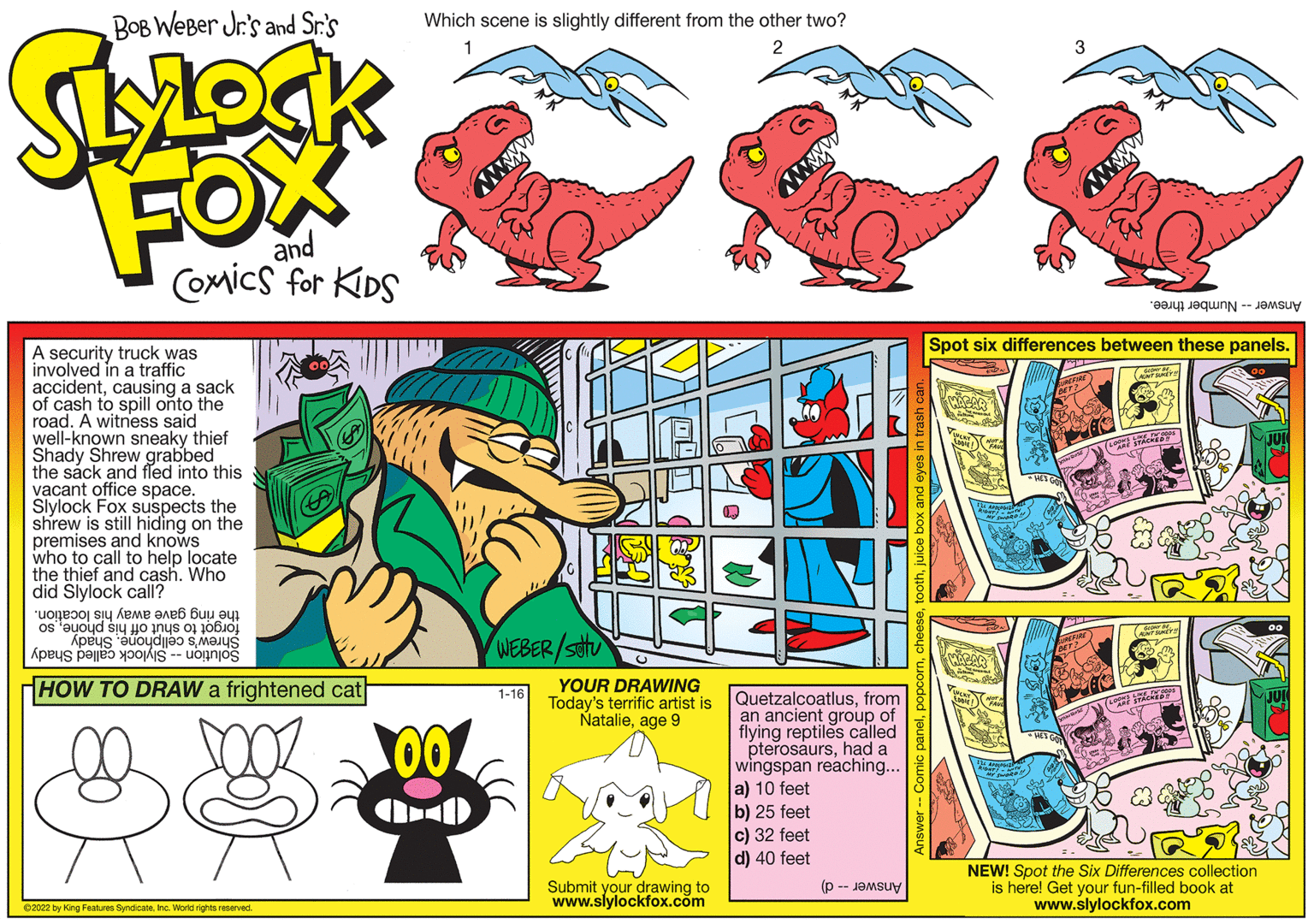 Comic book OCR: SLYLOCK FOX and COMICS FOR KIDS BY BOB WEBER JR. Spot six differences between these panels. A security truck was involved in a traffic accidentcausing a sack of cash to spill onto the road. A witness said well-known sneaky thief Shady Shrew grabbed the sáck and fled into this vacant office space. Slylock Fox suspects the shrew is still hiding on the premises and knows who to call to help locate the thief and cash. Who did Slylock call? the ring gave away his location. forgot to shút off his phoneso Shrew's cellphone. Shady Solution -- Slylock called Shady WEBER/setu HOW TO DRAW a frightened cat YOUR DRAWING Today's terrific artist is Natalieage 9 Quetzalcoatlusfrom an ancient group of flying reptiles called pterosaurshad a wingspan reaching... a) 10 feet b) 25 feet c) 32 feet 1-16 d) 40 feet Submit your drawing to www.slylockfox.com NEW! Spot the Six Differences collection is here! Get your fun-filled book at www.slylockfox.com Answer -- d) 02022 by King Features SyndicateInc. World rights reserved hjuice box a SLYLOCK FOX and COMICS FOR KIDS BY BOB WEBER JR. Spot six differences between these panels. A security truck was involved in a traffic accidentcausing a sack of cash to spill onto the road. A witness said well-known sneaky thief Shady Shrew grabbed the sáck and fled into this vacant office space. Slylock Fox suspects the shrew is still hiding on the premises and knows who to call to help locate the thief and cash. Who did Slylock call? the ring gave away his location. forgot to shút off his phoneso Shrew's cellphone. Shady Solution -- Slylock called Shady WEBER/setu HOW TO DRAW a frightened cat YOUR DRAWING Today's terrific artist is Natalieage 9 Quetzalcoatlusfrom an ancient group of flying reptiles called pterosaurshad a wingspan reaching... a) 10 feet b) 25 feet c) 32 feet 1-16 d) 40 feet Submit your drawing to www.slylockfox.com NEW! Spot the Six Differences collection is here! Get your fun-filled book at www.slylockfox.com Answer -- d) 02022 by King Features SyndicateInc. World rights reserved hjuice box a