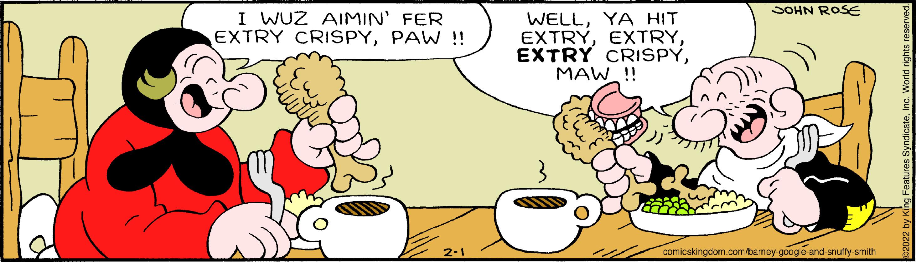 Line OCR: SOHN ROSE I WUZ AIMIN' FER EXTRY CRISPYPAW !! WELLYA HIT EXTRYMAW !! 2-1 comicskingdom.com/barney-google and-snuffy smith SOHN ROSE I WUZ AIMIN' FER EXTRY CRISPYPAW !! WELLYA HIT EXTRYEXTRY CRISPYMAW !! 2-1 comicskingdom.com/barney-google and-snuffy smith