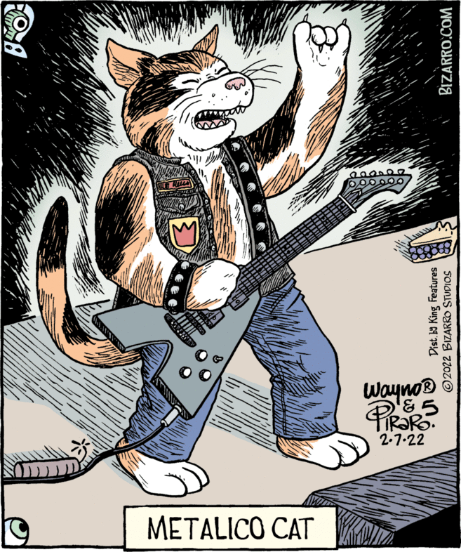 Poster OCR: Wayno 2-7.22 METALICO CAT Dist. ba King Features © 2022 BIZARRO STUDIOS BIZARRO.COM Wayno 2-7.22 METALICO CAT Dist. ba King Features © 2022 BIZARRO STUDIOS BIZARRO.COM