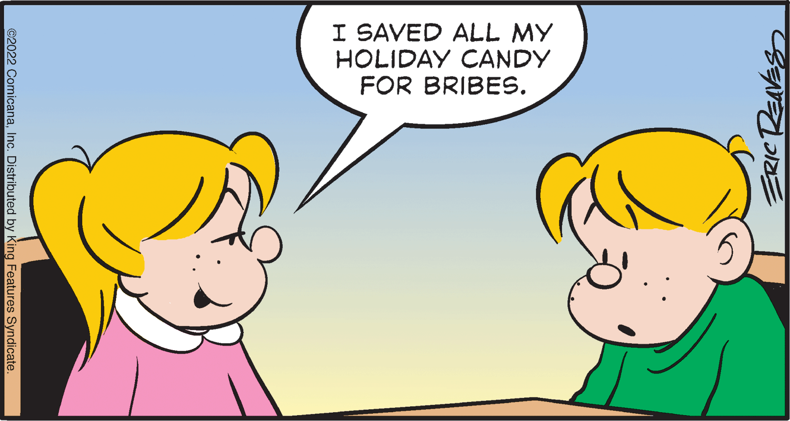 Gesture OCR: I SAVED ALL MY HOLIDAY CANDY FOR BRIBES. ©2022 ComicanaInc. Distributed by King Features Syndicate. I SAVED ALL MY HOLIDAY CANDY FOR BRIBES. ©2022 ComicanaInc. Distributed by King Features Syndicate.