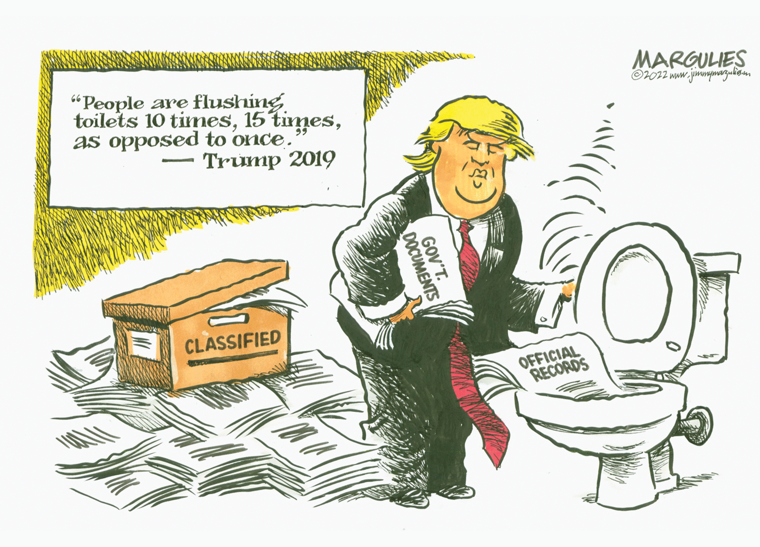 Drawing OCR: MARGULIES ©2012 www.jimmpmazuliom "People are flushing toilets 10 timesas opposed to once. Trump 2019 CLASSIFIED OFFICIAL RECORDS GOV'T. DOCUMENTS MARGULIES ©2012 www.jimmpmazuliom "People are flushing toilets 10 times15 timesas opposed to once. Trump 2019 CLASSIFIED OFFICIAL RECORDS GOV'T. DOCUMENTS
