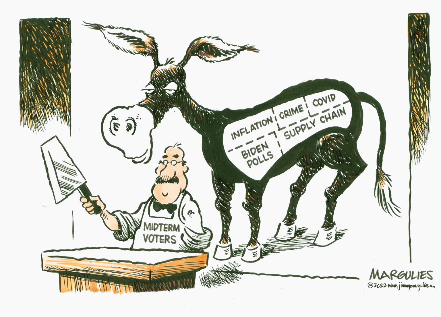 Working animal OCR: INFLATION I CRIME ! COVID SUPPLY CHAIN BIDEN POLLS - - - MIDTERM VOTERS MARGULIES ©2022 ww.jimmpnargaliesan INFLATION I CRIME ! COVID SUPPLY CHAIN BIDEN POLLS - - - MIDTERM VOTERS MARGULIES ©2022 ww.jimmpnargaliesan
