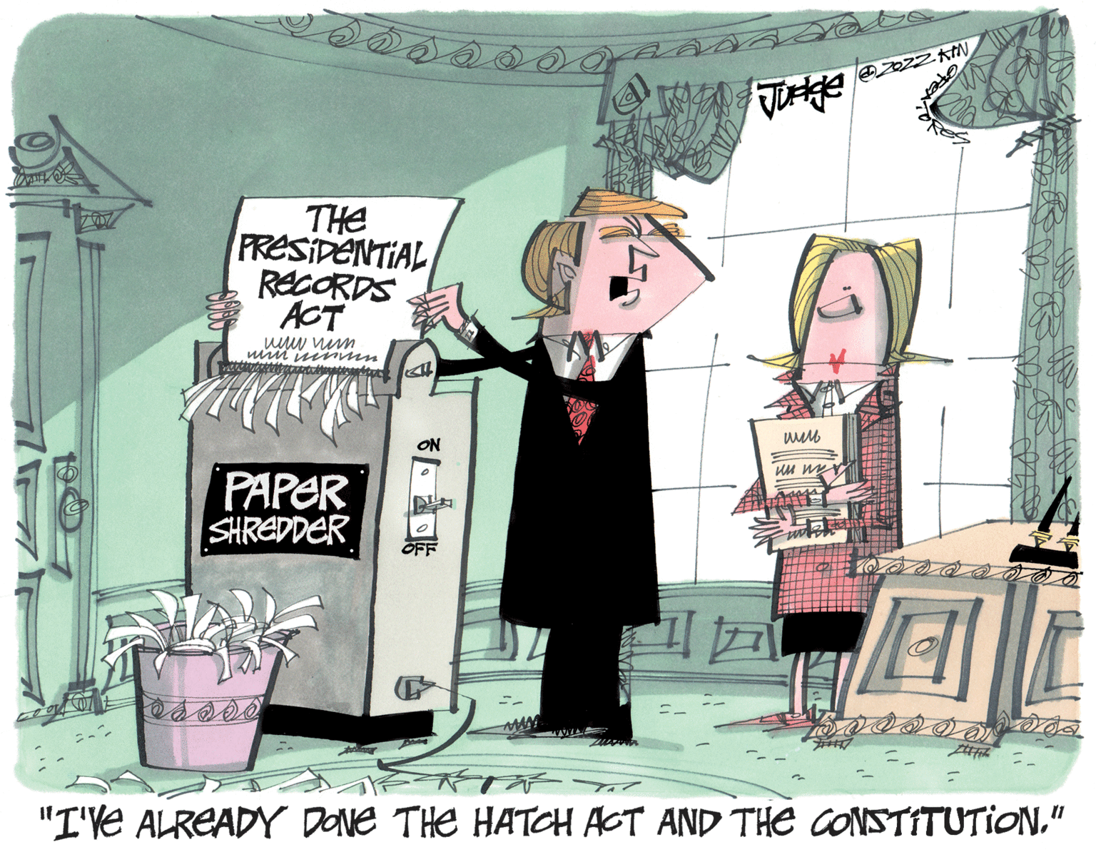 Drawing OCR: THE FRESIDENTIAL RecORDS ACT mi mi nmn ON PAPER SHREDDER OFF "I'Ve ALREADY DONE THe HATOH ACT AND THE CONSTITUTION" THE FRESIDENTIAL RecORDS ACT mi mi nmn ON PAPER SHREDDER OFF "I'Ve ALREADY DONE THe HATOH ACT AND THE CONSTITUTION