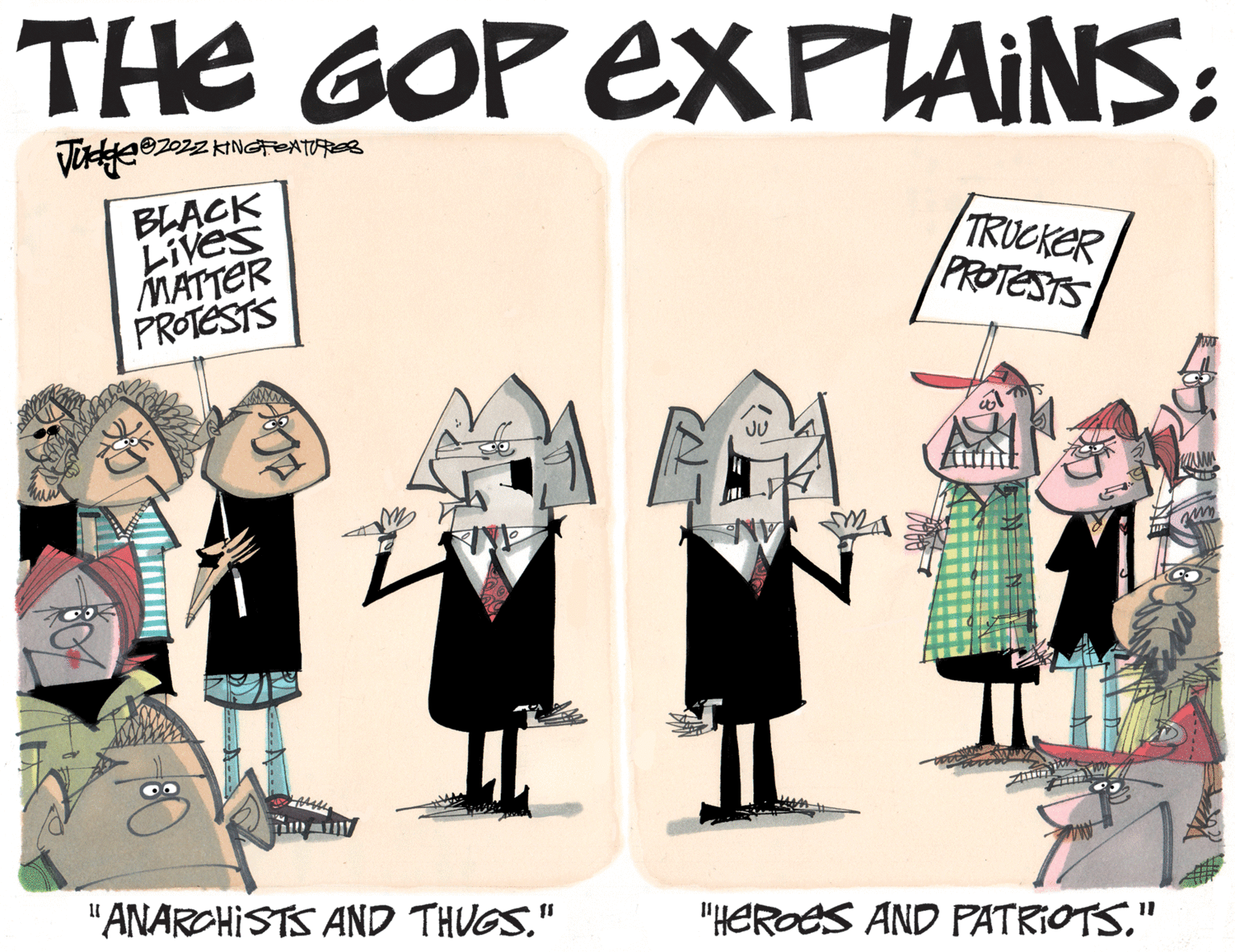 Fictional character OCR: THE GOP EXPLAINS: BLACK LIves MATTER PROTESTS TRUCKER PROTESTS JU "ANARCHISTS AND THUGS" "HEROES AND PATRIOTS" THE GOP EXPLAINS: BLACK LIves MATTER PROTESTS TRUCKER PROTESTS JU "ANARCHISTS AND THUGS" "HEROES AND PATRIOTS
