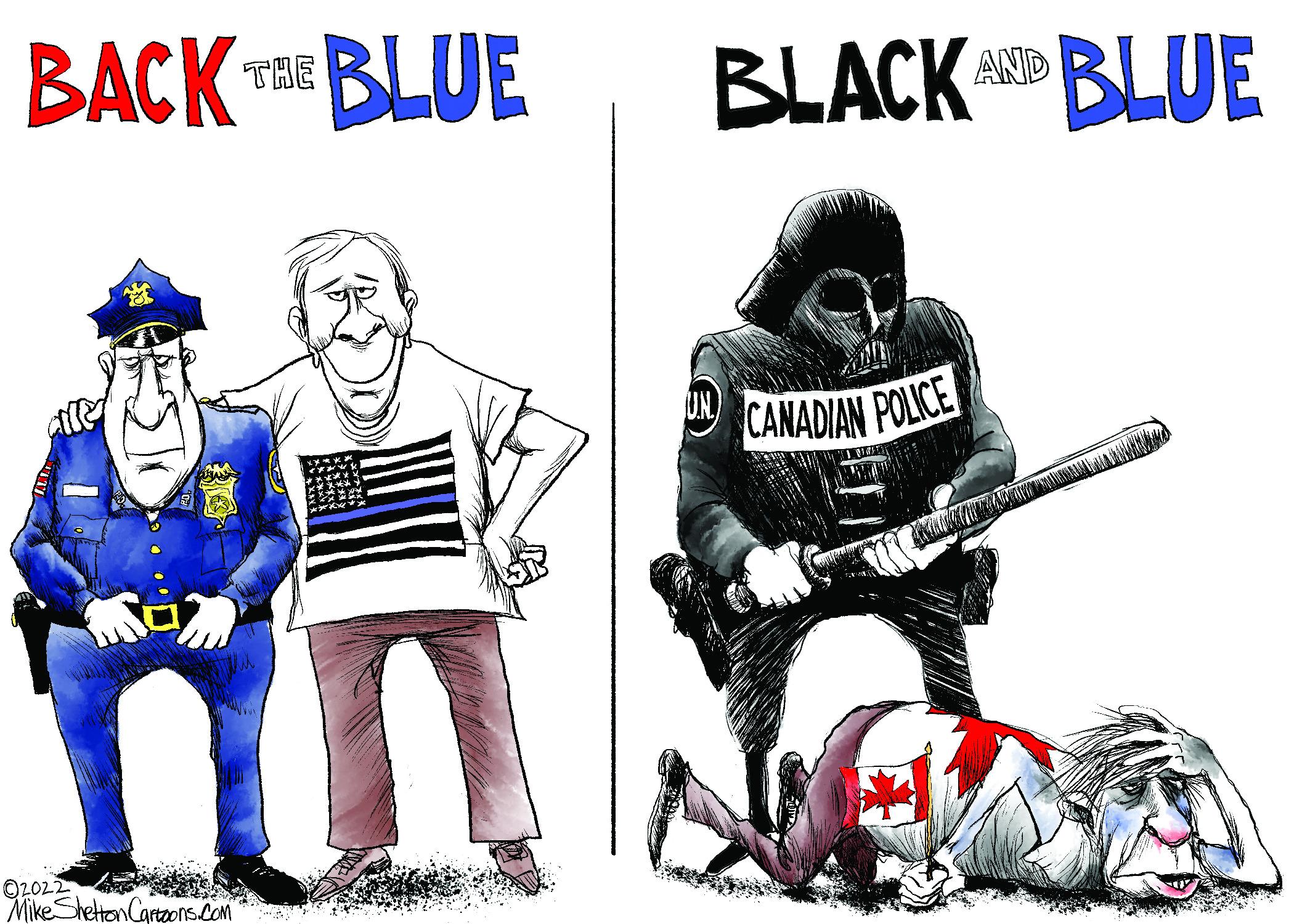 Art OCR: BACK T BLUE ???K BLACK BLUE THE CANADIAN POLICE O2022 MikeSheton Cartzons.com BACK T BLUE ???K BLACK BLUE THE CANADIAN POLICE O2022 MikeSheton Cartzons.com