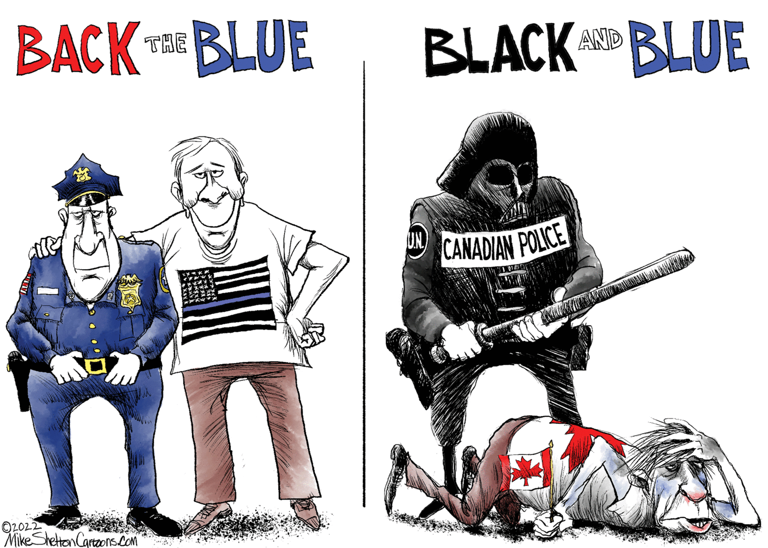 Art OCR: BACK T BLUE ???K BLACK BLUE THE CANADIAN POLICE O2022 MikeSheton Cartzons.com BACK T BLUE ???K BLACK BLUE THE CANADIAN POLICE O2022 MikeSheton Cartzons.com