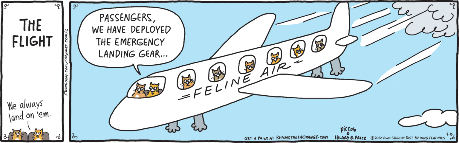 Illustration OCR: THE FLIGHT PASSENGERSWE HAVE DEPLOYED THE EMERGENCY LANDING GEAR... We always land on 'em. =FELINE AIR piccolo GET A PRINT AT RHYMESWITHORANGE. COM 2-15 HLARY 8 PAICE ©2022 Rwo STUDIOS DIST. BY KING FEATURES THE FLIGHT PASSENGERSWE HAVE DEPLOYED THE EMERGENCY LANDING GEAR... We always land on 'em. =FELINE AIR piccolo GET A PRINT AT RHYMESWITHORANGE. COM 2-15 HLARY 8 PAICE ©2022 Rwo STUDIOS DIST. BY KING FEATURES