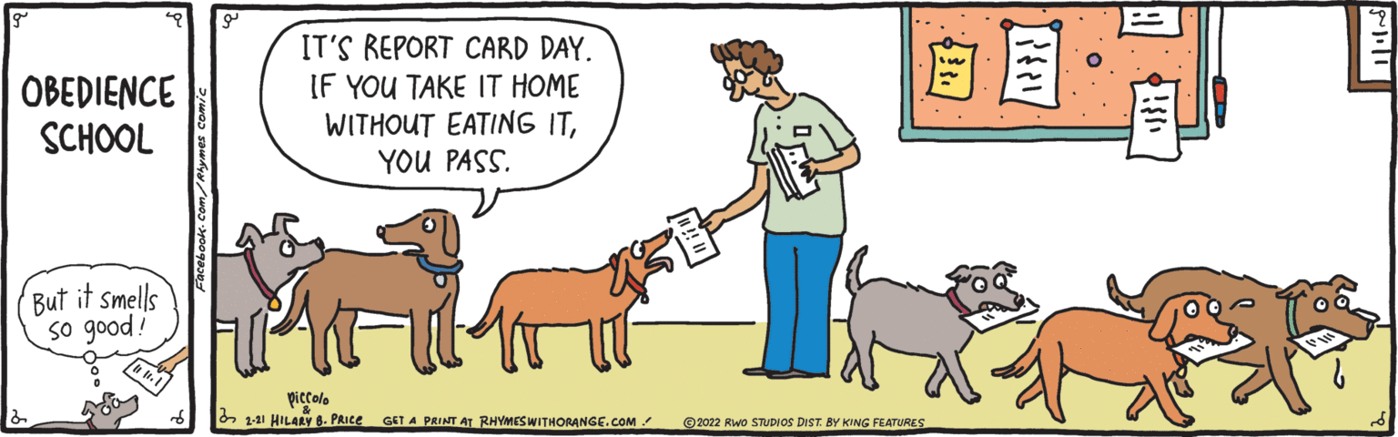 Terrestrial animal OCR: IT'S REPORT CARD DAY. IF YOU TAKE IT HOME WITHOUT EATING ITYOU PASS. ?? OBEDIENCE SCHOOL But it smells so good! piccolo b 1-11 HILARY 8. PRICE GET A PRINT AT RHYMESWITHORANGE.COM © 2022 Rwo STUDIOS DIST. BY KING FEATURES IT'S REPORT CARD DAY. IF YOU TAKE IT HOME WITHOUT EATING ITYOU PASS. ? ? OBEDIENCE SCHOOL But it smells so good! piccolo b 1-11 HILARY 8. PRICE GET A PRINT AT RHYMESWITHORANGE.COM © 2022 Rwo STUDIOS DIST. BY KING FEATURES