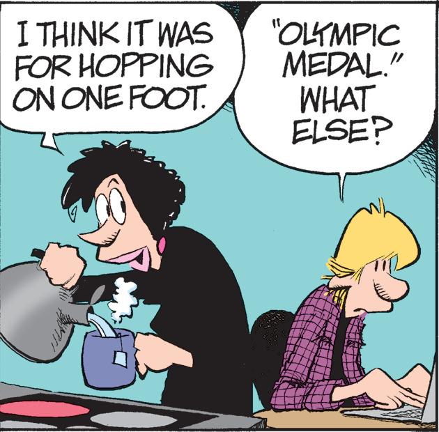 People OCR: I THINK IT WAS FOR HOPPING ON ONE FOOT. "OLKMPIC MEDAL." WHAT ELSE? I THINK IT WAS FOR HOPPING ON ONE FOOT. "OLKMPIC MEDAL." WHAT ELSE?