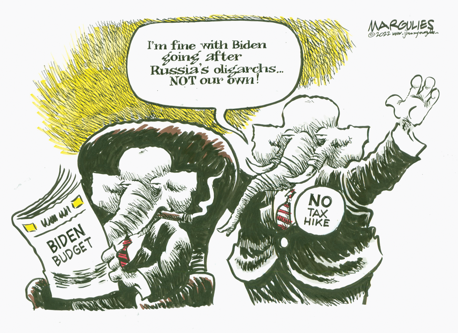 Comic book OCR: I'm fine with Biden MARGULIES going after Russia's oligarchs. NOT our ówn! BIDEN BUDGET NO TAX HIKE I'm fine with Biden MARGULIES going after Russia's oligarchs. NOT our ówn! BIDEN BUDGET NO TAX HIKE