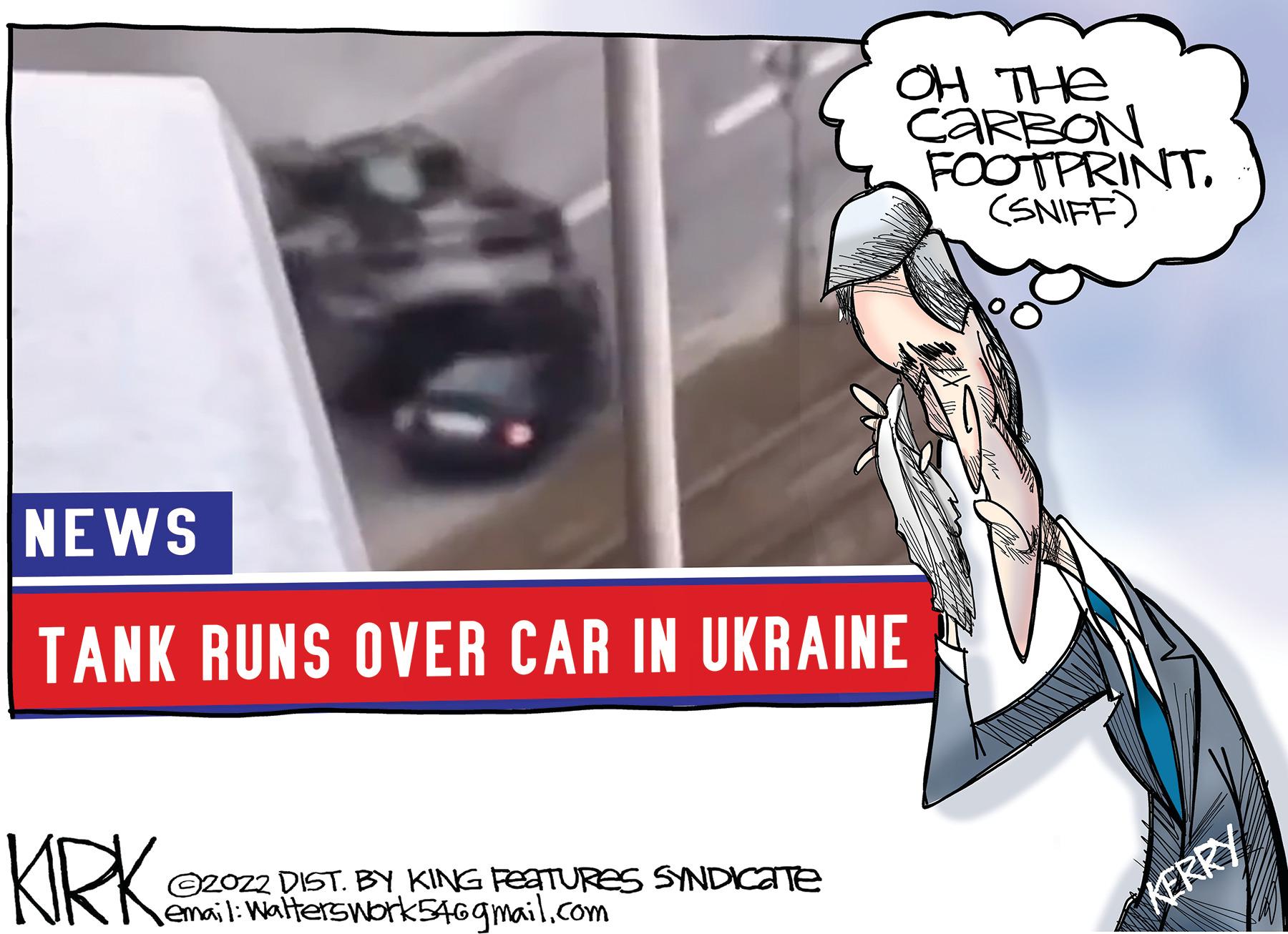 Brand OCR: OH THe CARBON FOOTPRINT. (SNIFF) NEWS TANK RUNS OVER CAR IN UKRAINE ©ZOZ2 DIST. BY KING FEATURES SYNDICATE email:Walterswork546gmail.com KERRY OH THe CARBON FOOTPRINT. (SNIFF) NEWS TANK RUNS OVER CAR IN UKRAINE ©ZOZ2 DIST. BY KING FEATURES SYNDICATE email:Walterswork546gmail.com KERRY