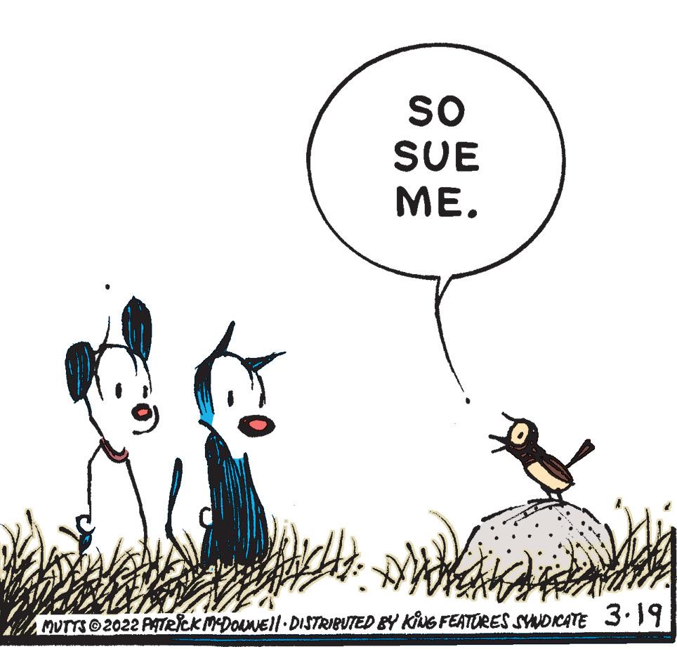 Terrestrial animal OCR: so SUE ME. MUTTS 2022 PATRICK MDONNEI/ DISTRIBUTED BY KiG FEATURES SYNOCATE 3.19 so SUE ME. MUTTS 2022 PATRICK MDONNEI/ DISTRIBUTED BY KiG FEATURES SYNOCATE 3.19