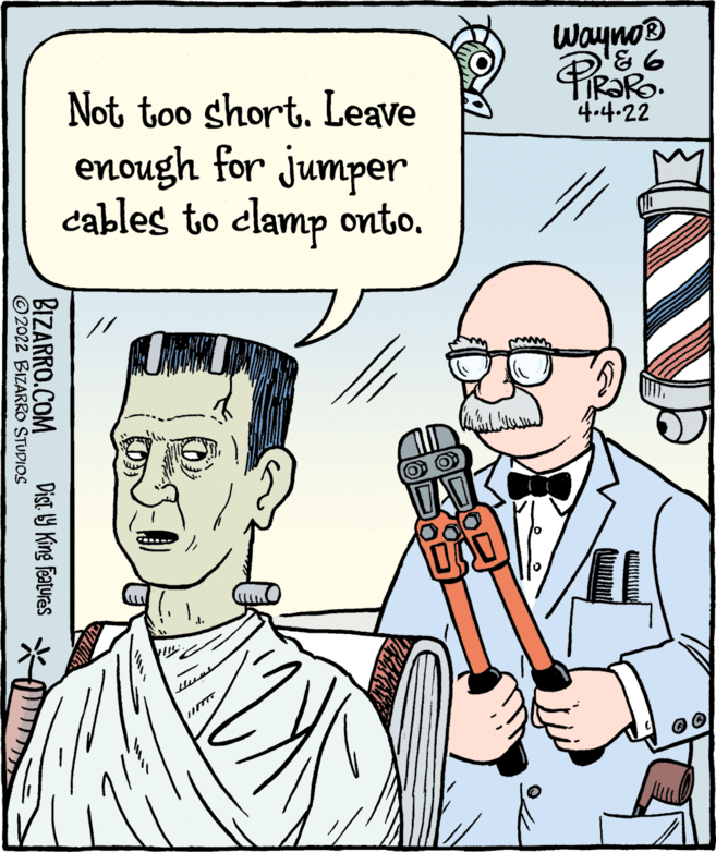Organism OCR: Wayno® Not too short. Leave 4.4.22 enough for jumper cables to clamp onto. Dist 9 King Features X BIZARRO.COM © 2022 BIZARRO STUDIOS Wayno® Not too short. Leave 4.4.22 enough for jumper cables to clamp onto. Dist 9 King Features X BIZARRO.COM © 2022 BIZARRO STUDIOS