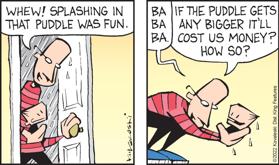 Font OCR: BA IF THE PUDDLE GETS BA | ANY BIGGER IT'LL BA. COST US MONEY? HOW SO? WHEW! SPLASHING IN THAT PUDDLE WAS FUN. ©2022 Kovaleski Dist. King Features BA IF THE PUDDLE GETS BA | ANY BIGGER IT'LL BA. COST US MONEY? HOW SO? WHEW! SPLASHING IN THAT PUDDLE WAS FUN. ©2022 Kovaleski Dist. King Features