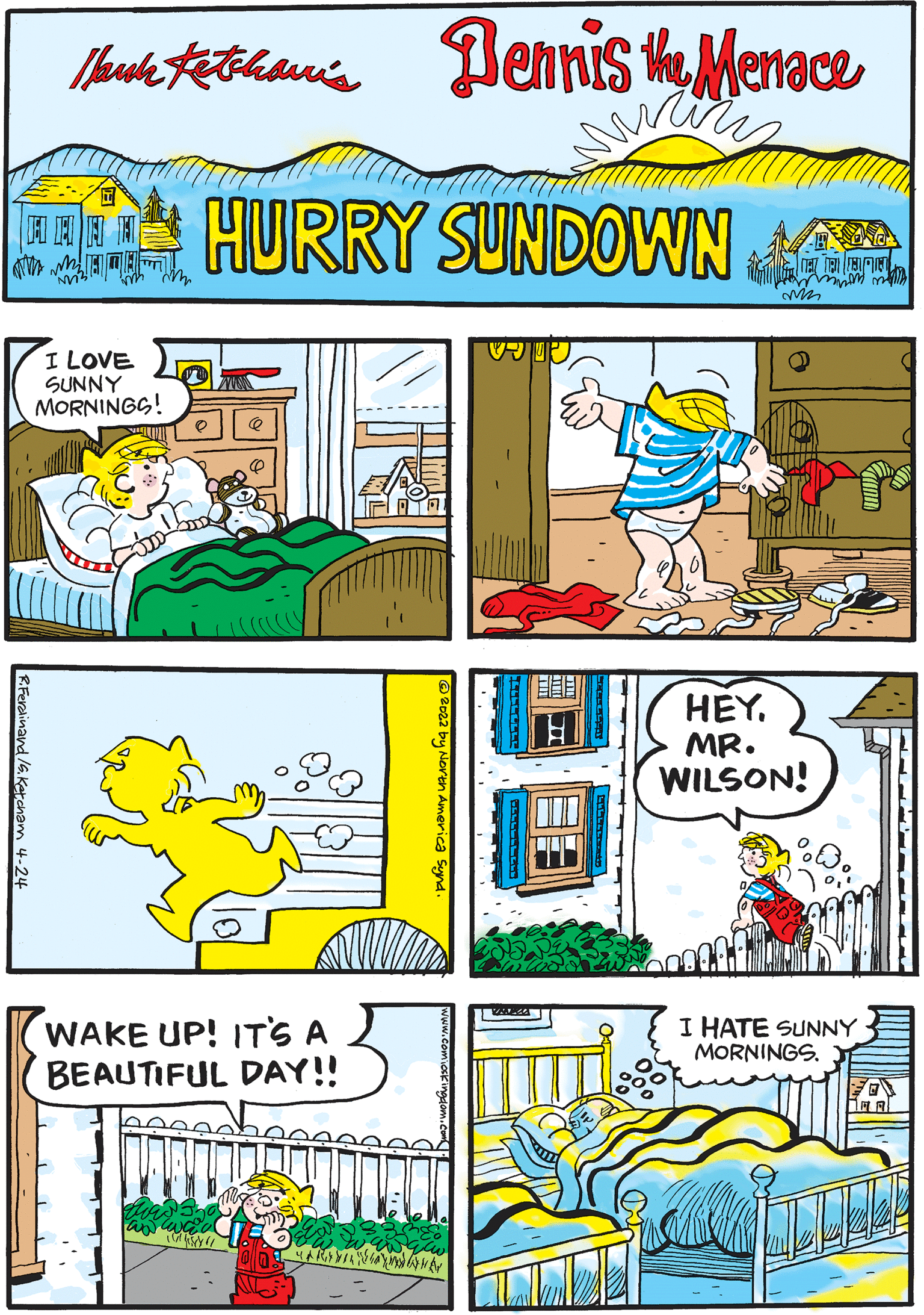 Sharing OCR: /backe tethane Pennis the Menace HURRY SUNDOWN mave I LOVE SUNNY MORNINGG! HEYMR. WILSON! WAKE UP! ITS A BEAUTIFUL DAY!! I HATE SUNNY MORNINGS. ULIL --- - /backe tethane Pennis the Menace HURRY SUNDOWN mave I LOVE SUNNY MORNINGG! HEYMR. WILSON! WAKE UP! ITS A BEAUTIFUL DAY!! I HATE SUNNY MORNINGS. ULIL --- -