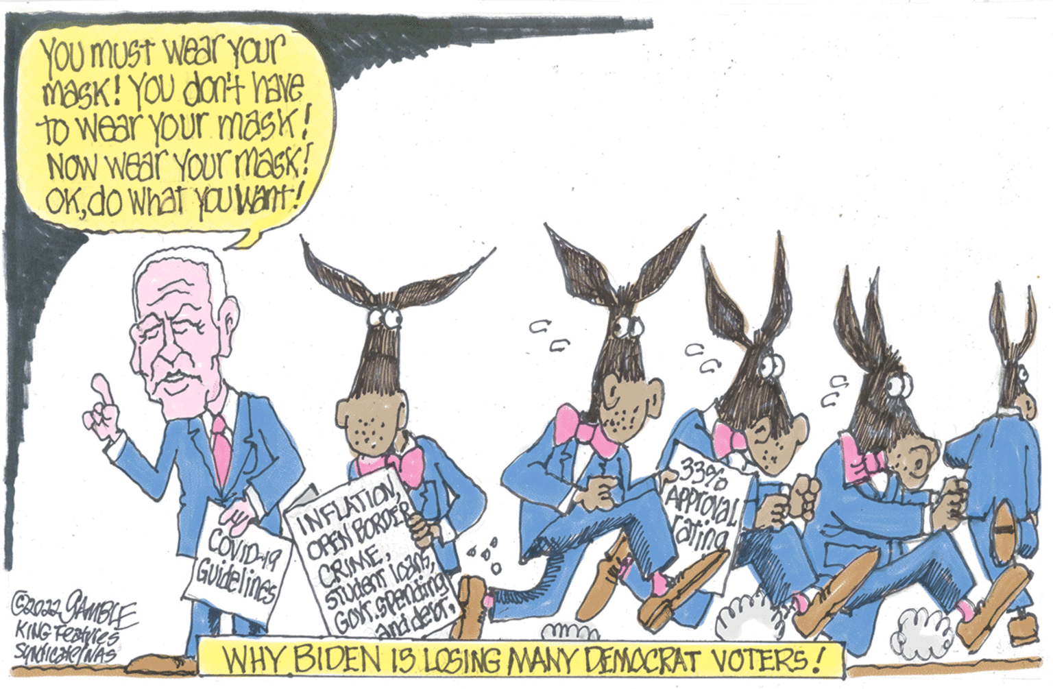 Fiction OCR: YOu mUSt wear your MASK! YOU dont haNE to Wear' your mask! NOW WEar YOur maGK! OKdo what you want INFLATION OREN BORDER CRIMESTUdens ican GoYr.SPAndting 33% APPIOVAL Yoling Guidelines KING Featyres mm WHY BIDEN 1S LOSING MANY DEMOCRAT VOTERS! YOu mUSt wear your MASK! YOU dont haNE to Wear' your mask! NOW WEar YOur maGK! OKdo what you want INFLATION OREN BORDER CRIMESTUdens ican GoYr.SPAndting 33% APPIOVAL Yoling Guidelines KING Featyres mm WHY BIDEN 1S LOSING MANY DEMOCRAT VOTERS!