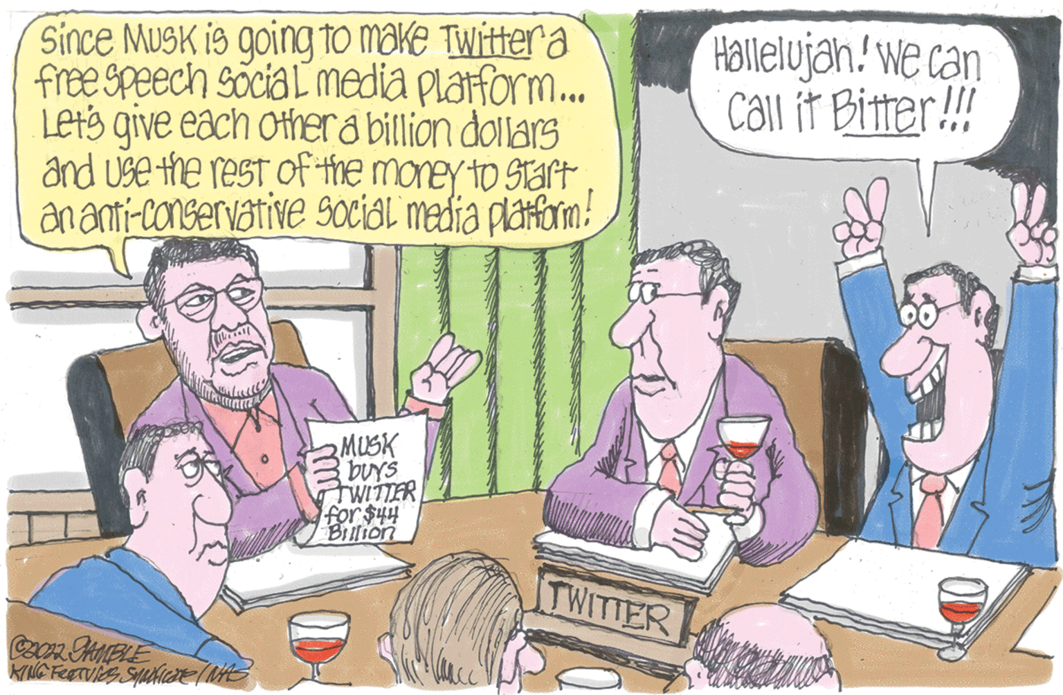 Humour OCR: Since Musk is going to make Twitter a free Speech social media platform... Let's give each other a billion dollars and use the rest of the money to start. an anti-conservative social media platform! 2 MUSK buys TWITTER for $44 Billion C2022 JAMBLE KING FROTVIES SYNNICE (NAS ??? TWITTER Hallelujah! We can Call it Bitter!!! Since Musk is going to make Twitter a free Speech social media platform ... Let's give each other a billion dollars and use the rest of the money to start . an anti - conservative social media platform ! 2 MUSK buys TWITTER for $ 44 Billion C2022 JAMBLE KING FROTVIES SYNNICE ( NAS ??? TWITTER Hallelujah ! We can Call it Bitter !!!