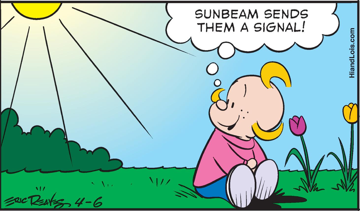 Line OCR: SUNBEAM SENDS THEM A SIGNAL! zacREates4-6 HiandLois.com SUNBEAM SENDS THEM A SIGNAL! zacREates4-6 HiandLois.com