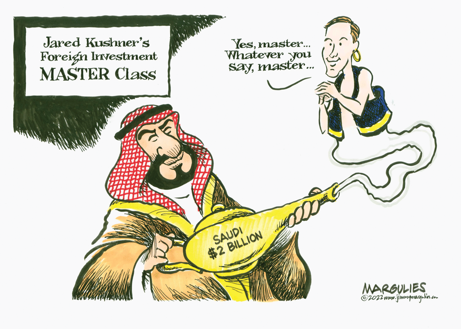 Illustration OCR: Jared Kushner's Foreign Investment MASTER Class Yesmaster.. Whatever you Saymaster. SAUDI $2 BILLION MARGULIES ©2022 www.jimmymagulins.com Jared Kushner's Foreign Investment MASTER Class Yesmaster.. Whatever you Saymaster. SAUDI $2 BILLION MARGULIES ©2022 www.jimmymagulins.com