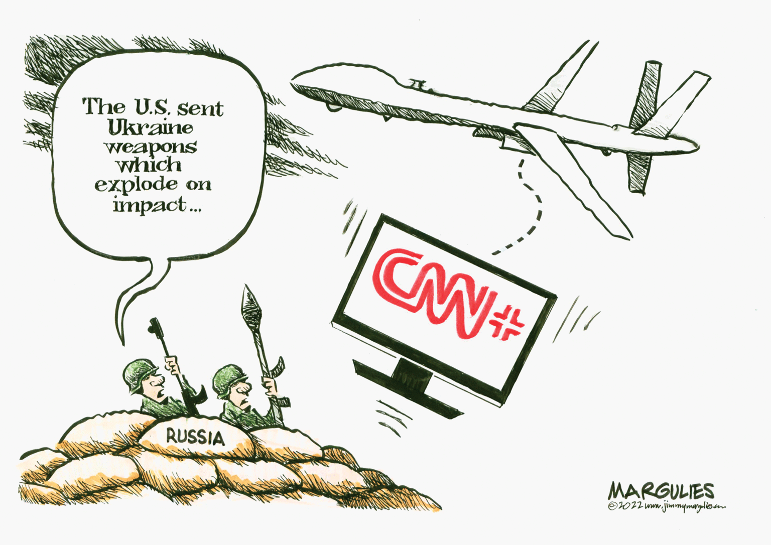 Illustration OCR: The U.S. sent Ukraine weapons which explode impact. on RUSSIA MARGULIES O072 www. jimmymaylèoam The U.S. sent Ukraine weapons which explode impact. on RUSSIA MARGULIES O072 www. jimmymaylèoam