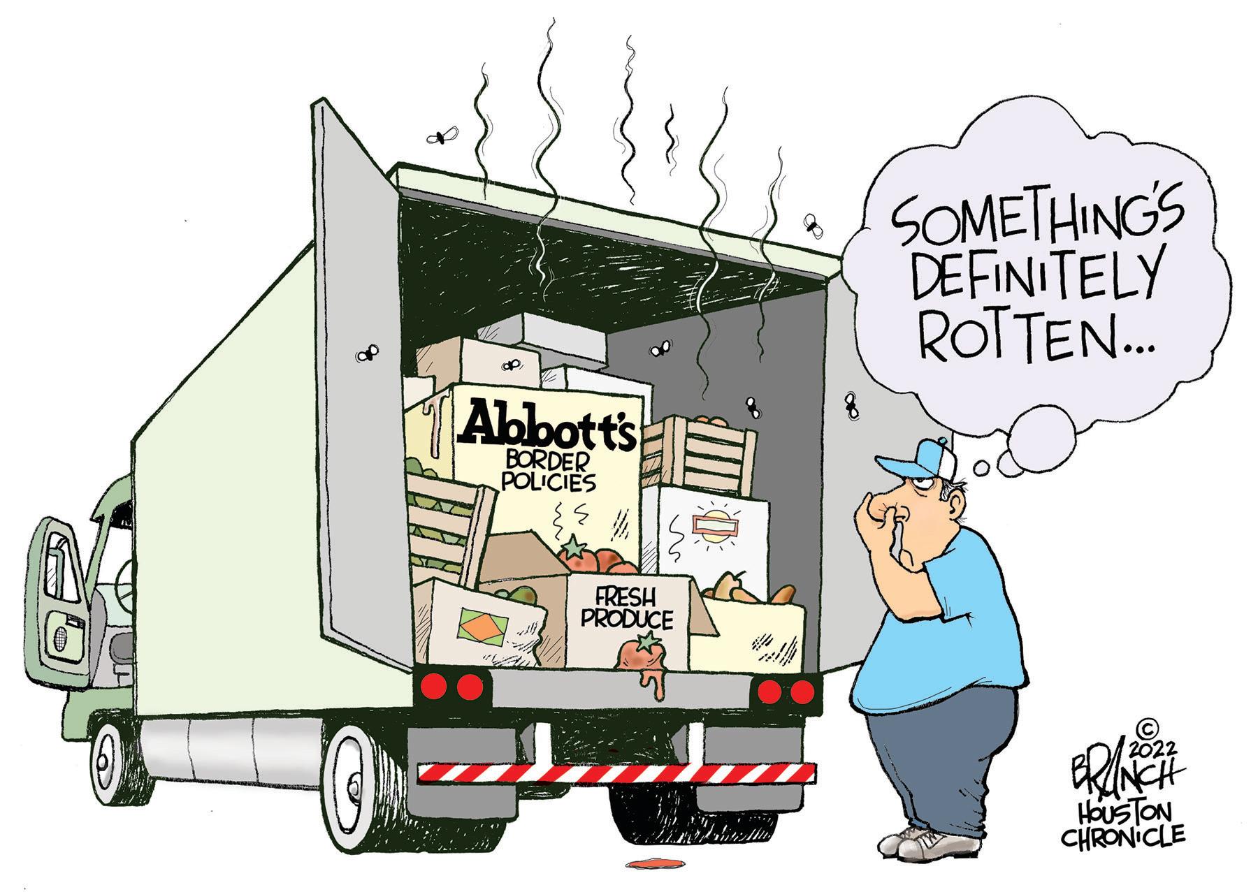 Art OCR: SOMETHINGS DEFINITELY ROTTEN. Abbotts BORDER POLICIES FRESH PRODUCE © 2022 HOUSTON CHRONICLE ? SOMETHINGS DEFINITELY ROTTEN. Abbotts BORDER POLICIES FRESH PRODUCE © 2022 HOUSTON CHRONICLE ?