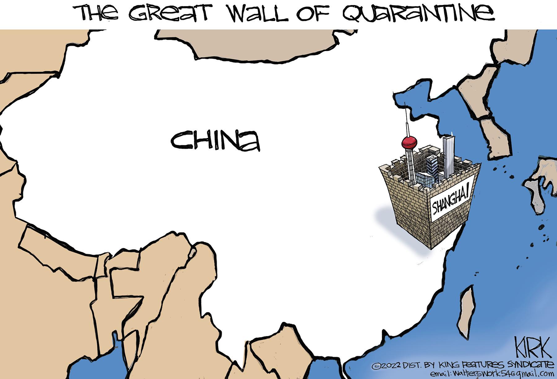 Line OCR: THE GREAT WALL OF QUARANTINE CHINA SHANGHAI KRK O2022 DIST. BY KING PEATURES SYNDICaTe email: Walterswbrk5469mail.com THE GREAT WALL OF QUARANTINE CHINA SHANGHAI KRK O2022 DIST. BY KING PEATURES SYNDICaTe email: Walterswbrk5469mail.com