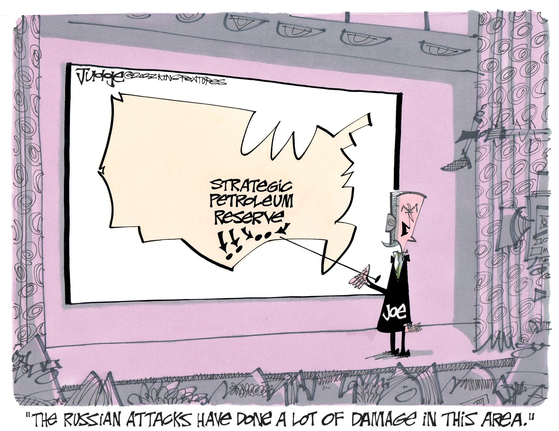 Drawing OCR: STRATEGIC PETROLEUM RESERVE ZIG Joe "THE RUSSIAN ATTACKS HAVE DONE A LOT OF DAMAGE IN THIS AREA." STRATEGIC PETROLEUM RESERVE ZIG Joe "THE RUSSIAN ATTACKS HAVE DONE A LOT OF DAMAGE IN THIS AREA."