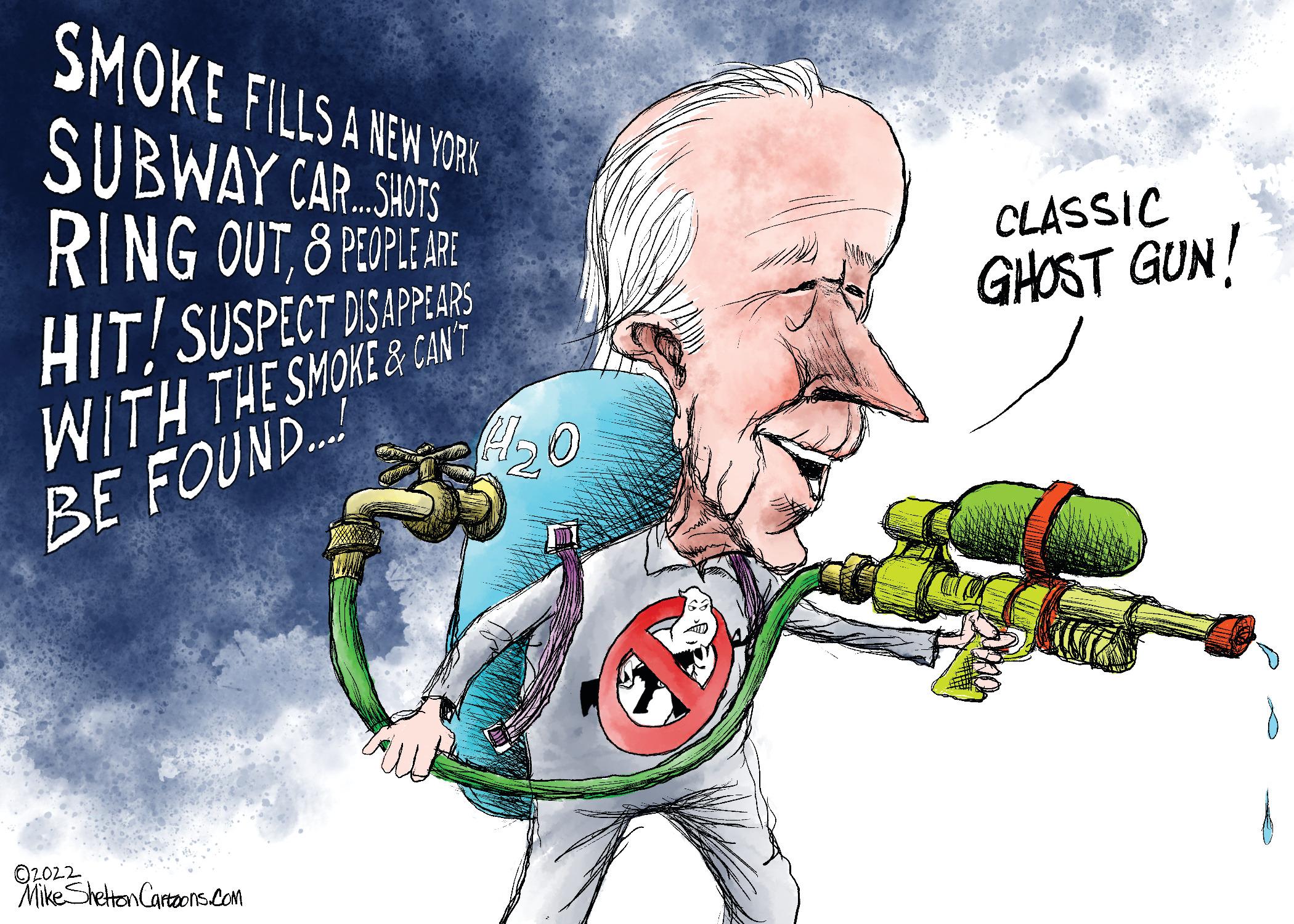 Graphic design OCR: SMOKE FILLS A NEW YORK SUBWAY CAR. SUTS RING OUT8 PEOPLEAE HIT!SUSPECT DISAPPEARS WITH THE SMOKE & CANT BE FOUND.. CLASSIC GHOST GUN! O2022 Mike Shetton Cartoons.com SMOKE FILLS A NEW YORK SUBWAY CAR. SUTS RING OUT8 PEOPLEAE HIT!SUSPECT DISAPPEARS WITH THE SMOKE & CANT BE FOUND.. CLASSIC GHOST GUN! O2022 Mike Shetton Cartoons.com