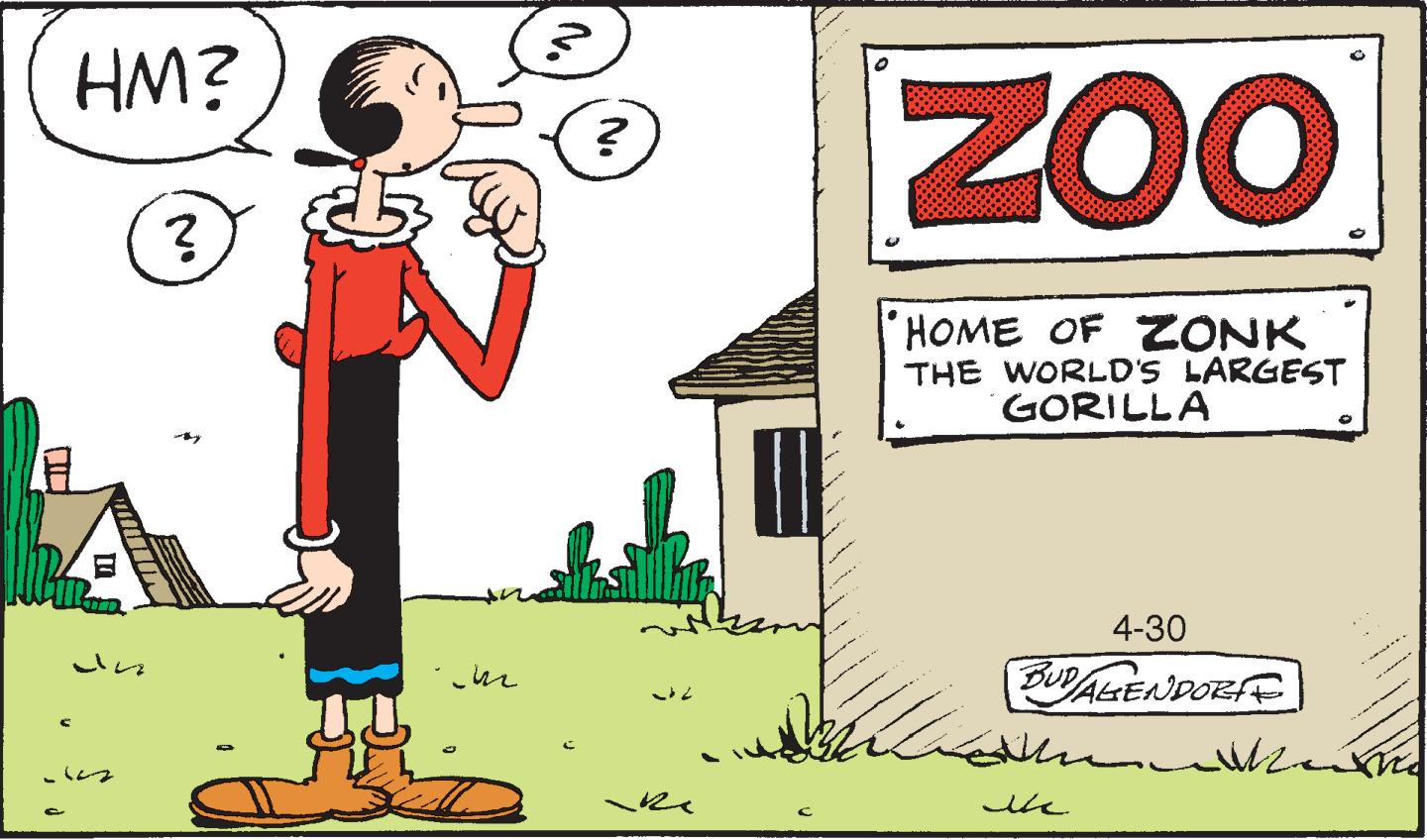 Illustration OCR: HM? ZOO HOME OF ZONK THE WORLD'S LARGEST GORILLA 4-30 BUPALENPOEE ?? HM? ZOO HOME OF ZONK THE WORLD'S LARGEST GORILLA 4-30 BUPALENPOEE ? ?