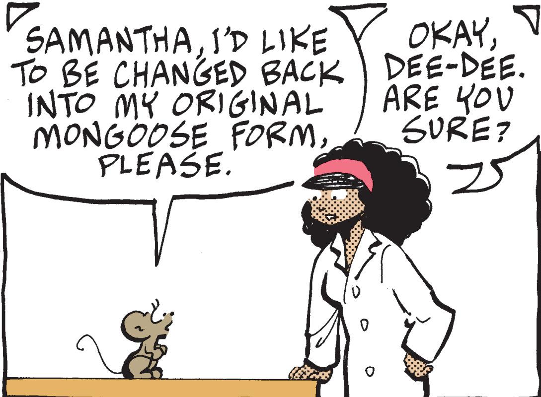 Black OCR: OKAYI'D LIKE TO BE CHANGED BACK DEE-DÉE. INTO MY ORIGINAL MONGOOSE FORMPLEASE. ARE YOU SURE? OKAYI'D LIKE TO BE CHANGED BACK DEE-DÉE. INTO MY ORIGINAL MONGOOSE FORMPLEASE. ARE YOU SURE?