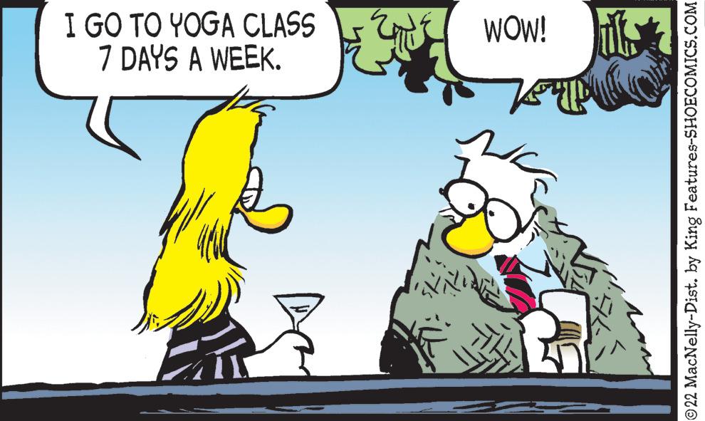 Fictional character OCR: I GO TO YOGA CLASS 7 DAYS A WEEK. WOW! 22 MacNelly-Dist. by King Features-SHOECOMICS.COM I GO TO YOGA CLASS 7 DAYS A WEEK. WOW! 22 MacNelly-Dist. by King Features-SHOECOMICS.COM