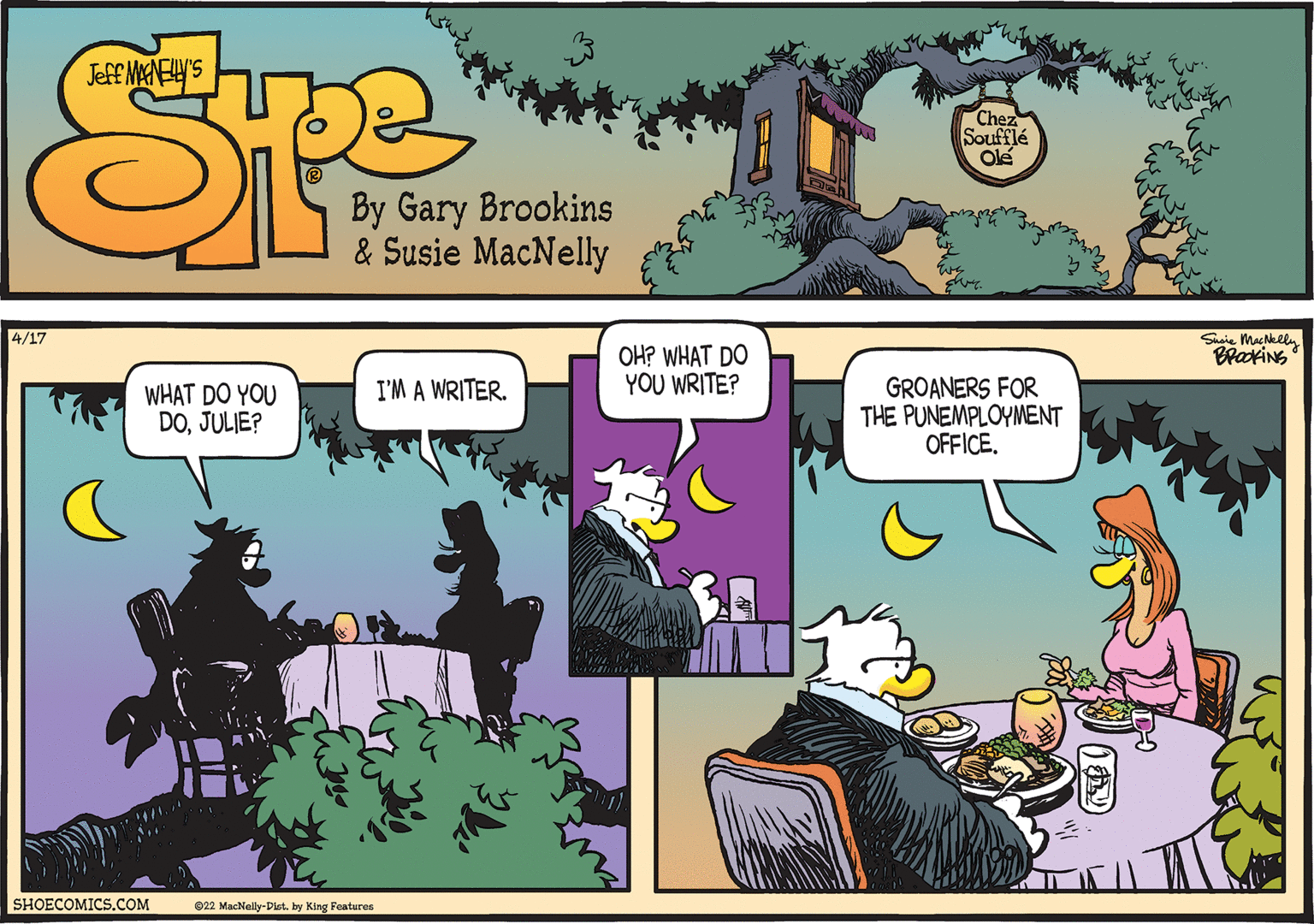 Conversation OCR: 4/17 Suaie MacNklly BraxiNS OH? WHAT DO YOU WRITE? GROANERS FOR THE PUNEMPLOYMENT OFFICE. I'M A WRITER. WHAT DO YOU DOJULIE? SHOECOMICS.COM 022 MacNelly-Diet. by King Features 4/17 Suaie MacNklly BraxiNS OH? WHAT DO YOU WRITE? GROANERS FOR THE PUNEMPLOYMENT OFFICE. I'M A WRITER. WHAT DO YOU DOJULIE? SHOECOMICS.COM 022 MacNelly-Diet. by King Features