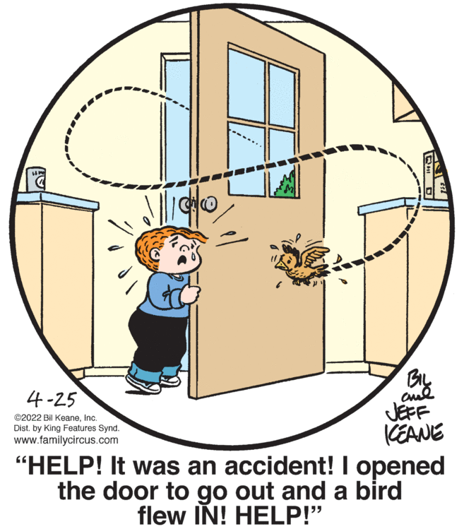 Parallel OCR: By JEFF KEANE "HELP! It was an accident! I opened the door to go out and a bird 4-25 ©2022 Bil KeaneInc. Dist. by King Features Synd. www.familycircus.com flew IN! HELP!" By JEFF KEANE "HELP! It was an accident! I opened the door to go out and a bird 4-25 ©2022 Bil KeaneInc. Dist. by King Features Synd. www.familycircus.com flew IN! HELP!"