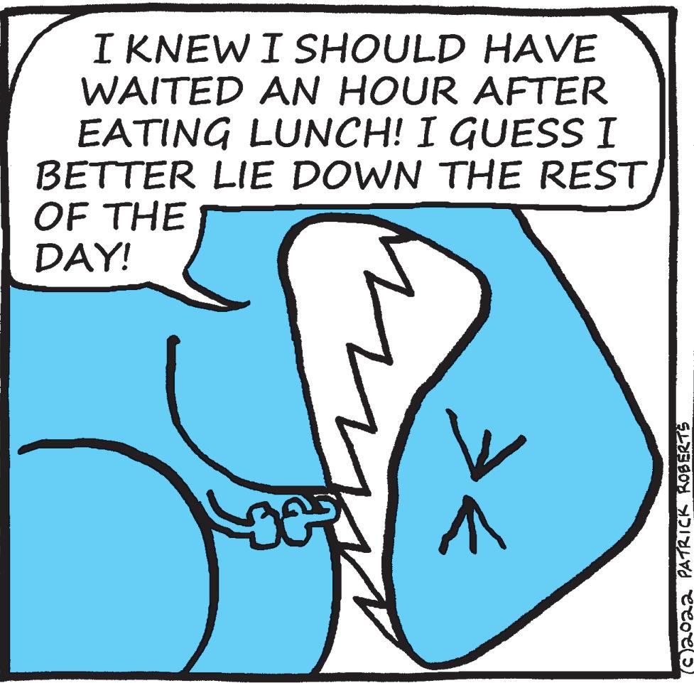 Illustration OCR: I KNEWI SHOULD HAVE WAITED AN HOUR AFTER EATING LUNCH! I GUESSI BETTER LIE DOWN THE REST OF THE DAY! C2oaa PATRICK ROBERTS I KNEWI SHOULD HAVE WAITED AN HOUR AFTER EATING LUNCH! I GUESSI BETTER LIE DOWN THE REST OF THE DAY! C2oaa PATRICK ROBERTS