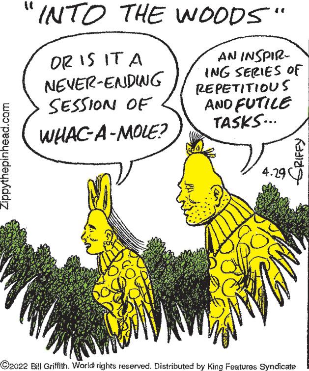 Drawing OCR: "INTO THE WOODS" OR IS IT A NEVER-ENDING SESSION OF AN INSPIR- ING SERIES OF REPETITIOU S AND FUTILE TASKS.. WHAC-A-MOLE? 4.29 ©2022 Bill Griffith. World rights reserved. Distributed by King Features Syndicate Zippythepinhead.com "INTO THE WOODS" OR IS IT A NEVER-ENDING SESSION OF AN INSPIR- ING SERIES OF REPETITIOU S AND FUTILE TASKS.. WHAC-A-MOLE? 4.29 ©2022 Bill Griffith. World rights reserved. Distributed by King Features Syndicate Zippythepinhead.com