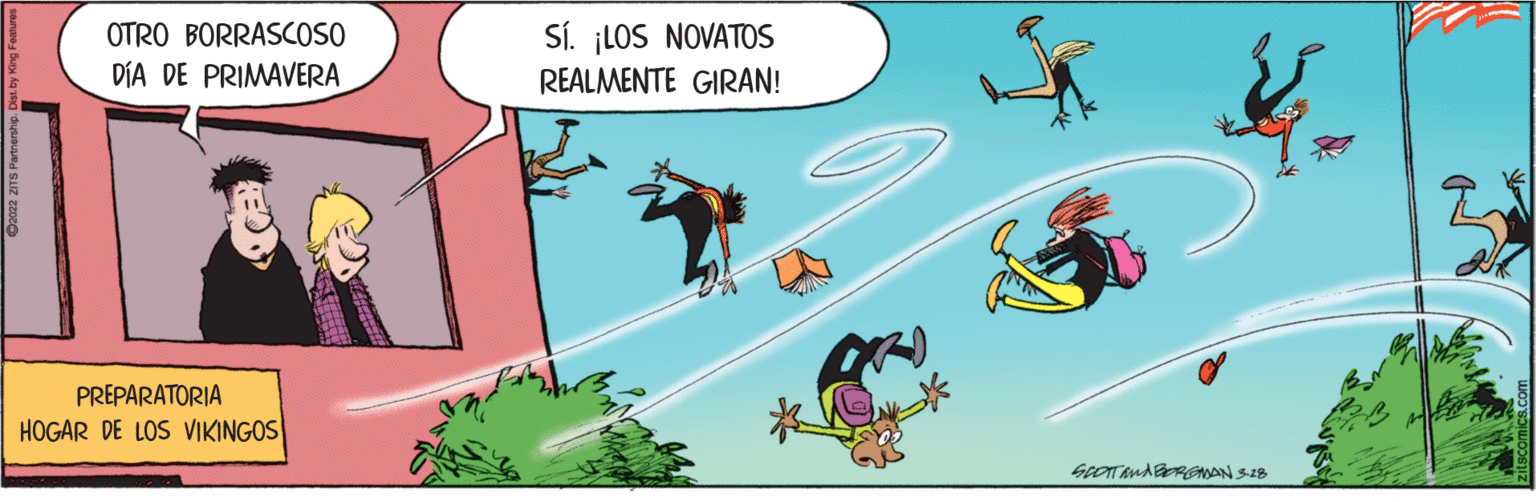 Animated cartoon OCR: Sí. ¡LOS NOVATOS REALMENTE GIRAN! OTRO BORRASCOSO DÍA DE PRIMAVERA PREPARATORIA HOGAR DE LOS VIKINGOS Sí. ¡LOS NOVATOS REALMENTE GIRAN! OTRO BORRASCOSO DÍA DE PRIMAVERA PREPARATORIA HOGAR DE LOS VIKINGOS