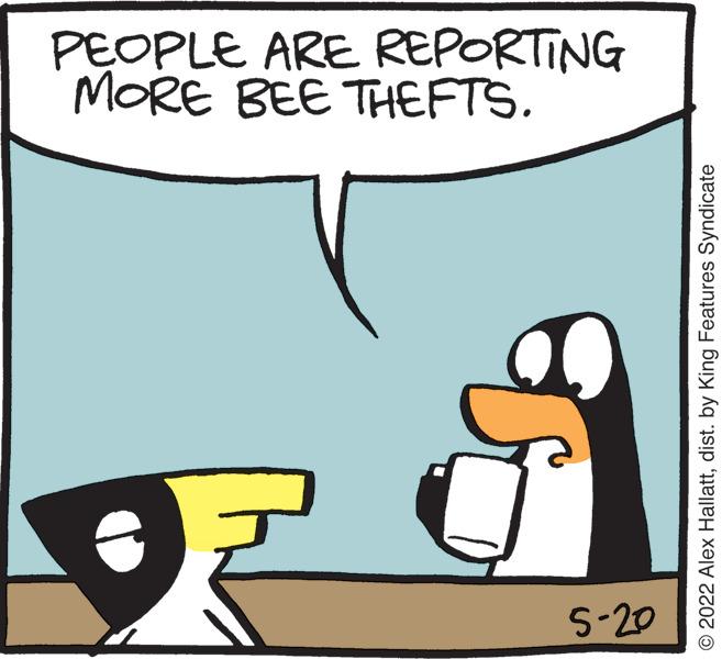 Line OCR: PEOPLE ARE REPORTING MORE BEE THEFTS. S-20 © 2022 Alex Hallattdist. by King Features Syndicate PEOPLE ARE REPORTING MORE BEE THEFTS. S-20 © 2022 Alex Hallattdist. by King Features Syndicate