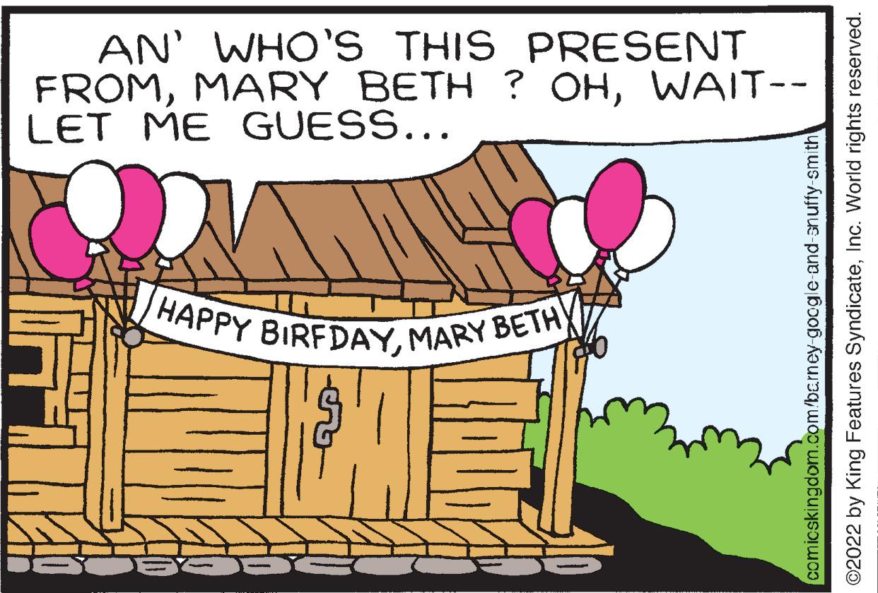 Illustration OCR: HAPPY BIRFDAYMARY BETHX AN' WHO'S THIS PRESENT FROMWAIT-- LET ME GUESS... comicskingdom.com/bc.rney-gocgle-and-anuffy-smith ©2022 by King Features SyndicateInc. World rights reserved. HAPPY BIRFDAYMARY BETHX AN' WHO'S THIS PRESENT FROMMARY BETH ? OHWAIT-- LET ME GUESS... comicskingdom.com/bc.rney-gocgle-and-anuffy-smith ©2022 by King Features SyndicateInc. World rights reserved.