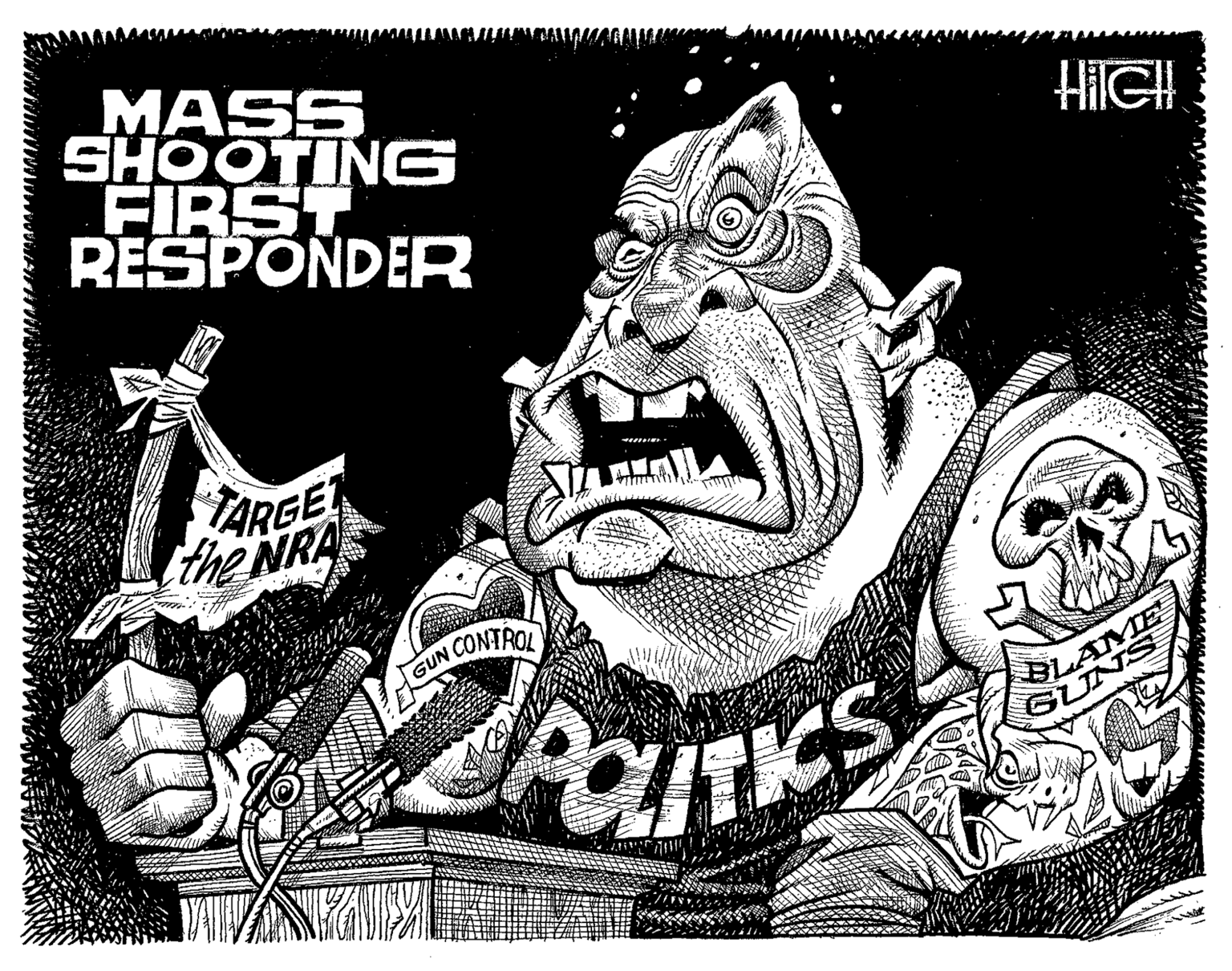 Graphics OCR: MASS SHOOTING FIRST RESPONDER ARGET the NRA CONTROL GUN POLITICS HIGH BLAME GU MASS SHOOTING FIRST RESPONDER ARGET the NRA CONTROL GUN POLITICS HIGH BLAME GU