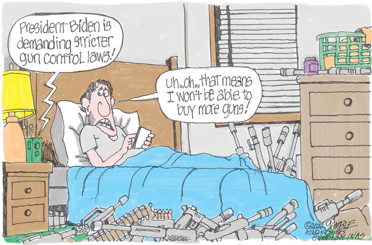 Drawer OCR: President Biden is demanding stricter gun Control laws! Uh..oh.that means I won't be able to buy more guns! M C2022 GAMBLE KING INAS President Biden is demanding stricter gun Control laws ! Uh..oh .that means I won't be able to buy more guns ! M C2022 GAMBLE KING INAS