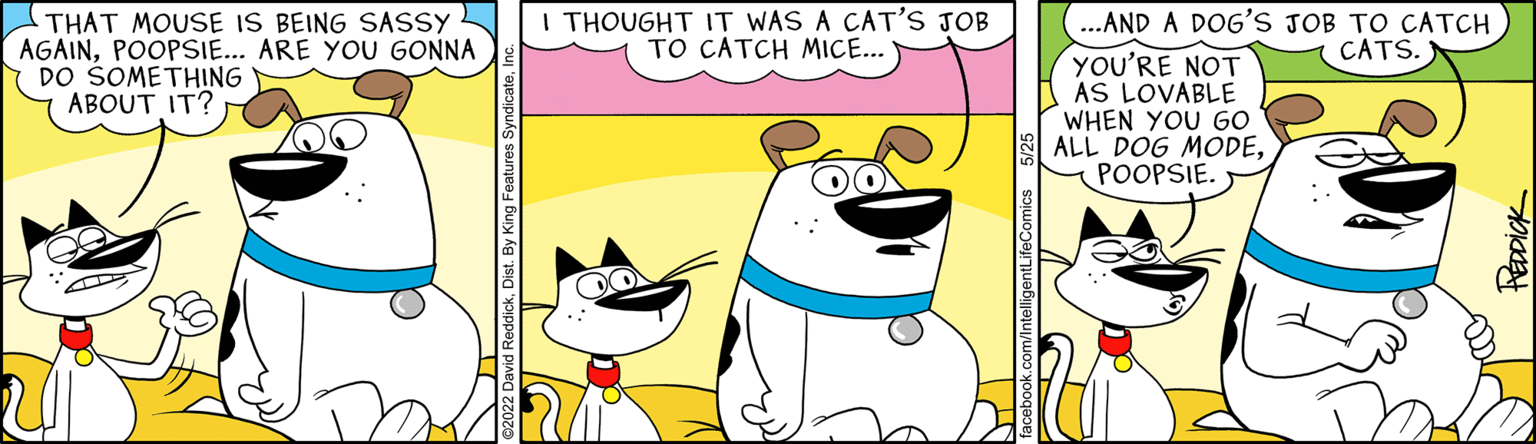 Line OCR: THAT MOUSE IS BEING SASSY AGAINPOOPSIE... ARE YOU GONNA DO SOMETHING ABOUT IT? I THOUGHT IT WAS A CAT'S JOB TO CATCH MICE... TA - IntelligentLifeComics facebook. ...AND A DOG'S JOB TO CATCH CATS. YOU'RE NOT AS LOVABLE WHEN YOU GO ALL DOG MODEPOOPSIE. REDDICK THAT MOUSE IS BEING SASSY AGAINPOOPSIE ... ARE YOU GONNA DO SOMETHING ABOUT IT ? I THOUGHT IT WAS A CAT'S JOB TO CATCH MICE ... TA - IntelligentLifeComics facebook . ... AND A DOG'S JOB TO CATCH CATS . YOU'RE NOT AS LOVABLE WHEN YOU GO ALL DOG MODEPOOPSIE . REDDICK