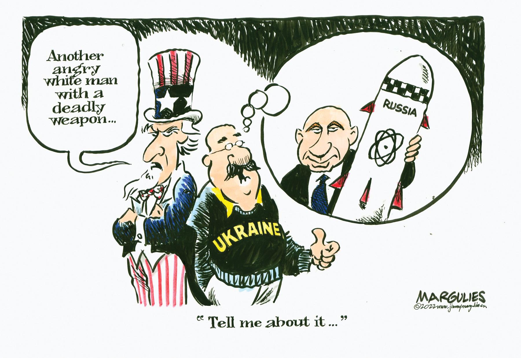 Illustration OCR: Another angry white man with a deadly weapon... UKRAINE ee Tell me about it... 99 RUSSIA MARGULIES ?2022 www.jimmymag disin Another angry white man with a deadly weapon ... UKRAINE ee Tell me about it ... 99 RUSSIA MARGULIES ?2022 www.jimmymag disin