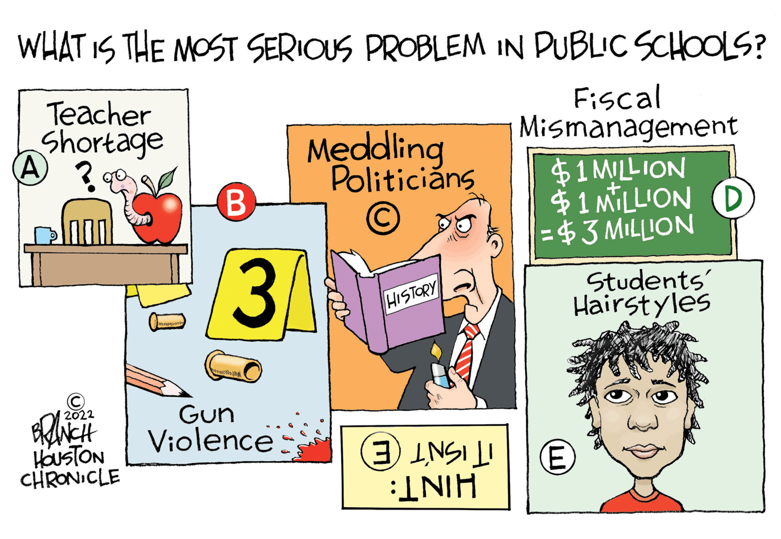 Art OCR: WHAT IS THE MOST SERIOUS PROBLEM IN PUBLIC SCHOOLS? Teacher Shortage Fiscal Mismanagement Meddling Politiciáns $1 MILLION $1 MILLION D =$3 MILLION B %3D Students Hairstyles HISTORY 2022 Gun Violence HousTON CHRONICLE IT ISNT E E) INIH WHAT IS THE MOST SERIOUS PROBLEM IN PUBLIC SCHOOLS? Teacher Shortage Fiscal Mismanagement Meddling Politiciáns $1 MILLION $1 MILLION D =$3 MILLION B %3D Students Hairstyles HISTORY 2022 Gun Violence HousTON CHRONICLE IT ISNT E E) INIH