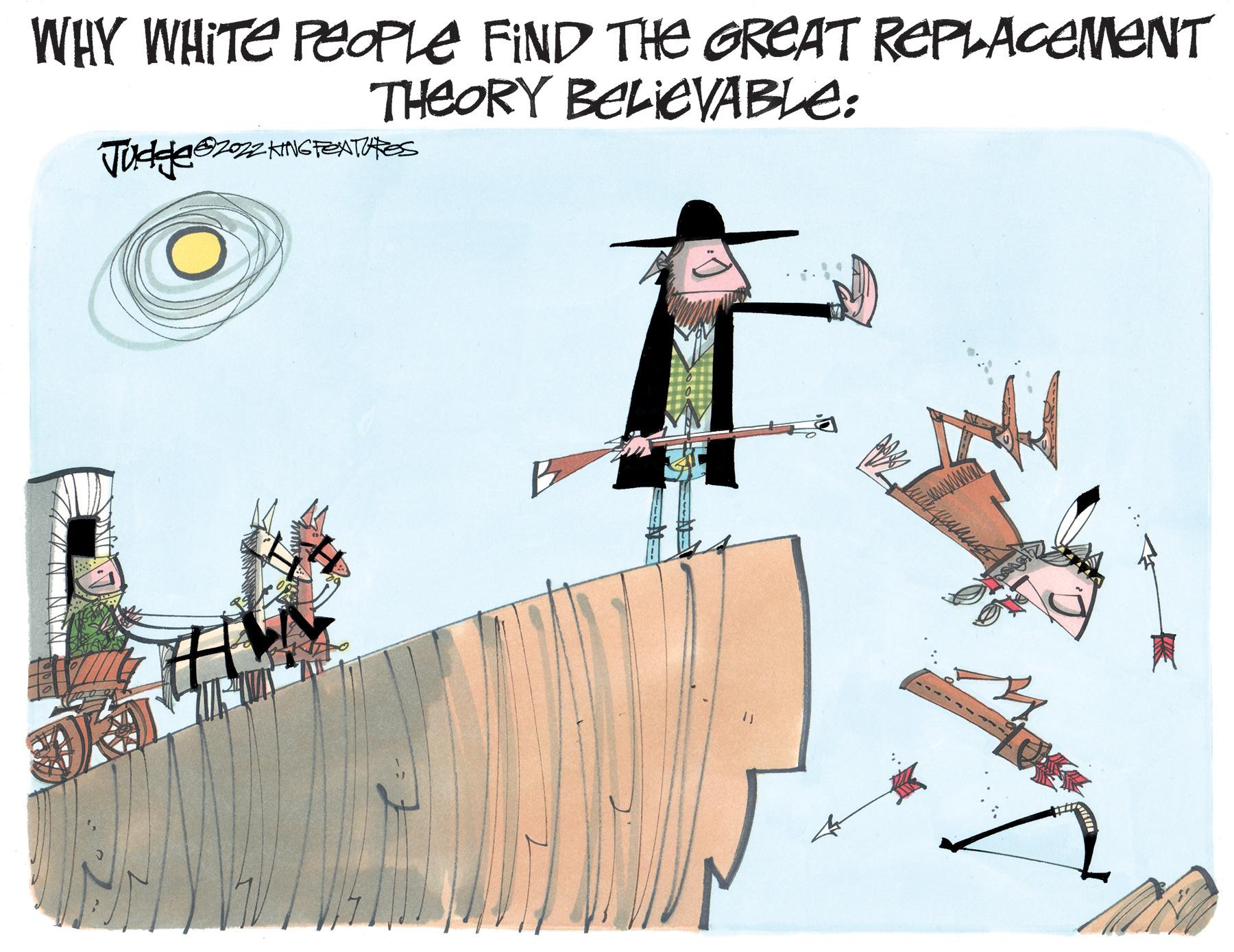Graphics OCR: WHY WHITE PEOPLE FIND THE GREAT REPLACEMENT THEORY BELIEVABLE: 1@2022 KING FEATURES Judges WHY WHITE PEOPLE FIND THE GREAT REPLACEMENT THEORY BELIEVABLE : 1 @ 2022 KING FEATURES Judges