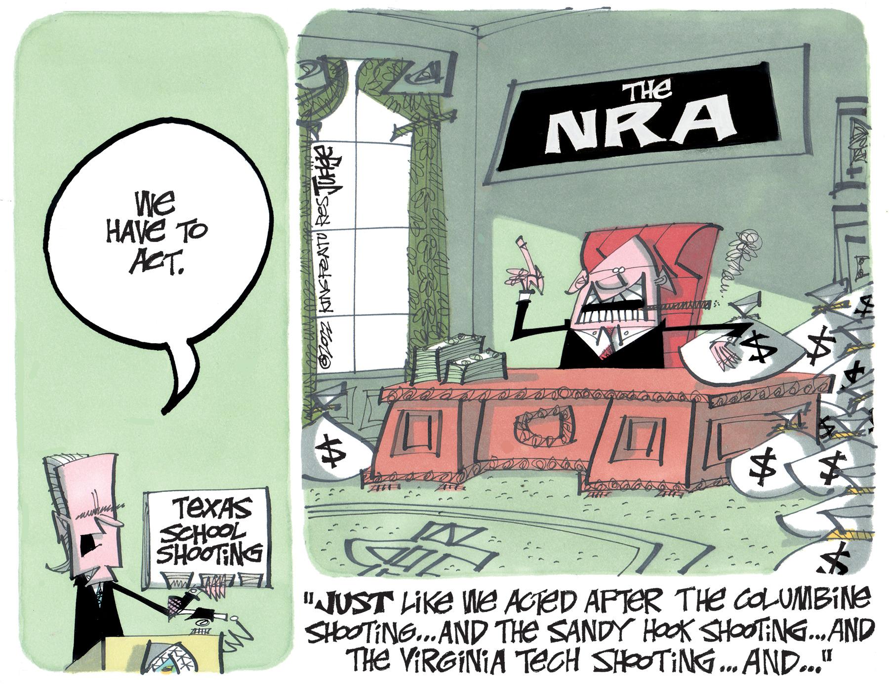 Comic book OCR: We HAVE TO ACT. TeXAS SCHOOL SHOOTING 8 71117 ©2012 KINGFEATURES Juegle # NRA COURMALINES $ AUTT M 4 "JUST LIKE WE ACTED AFTER THE COLUMBINe SHOOTING...AND THE SANDY HOOK SHOOTING... AND THE VIRGINIA TECH SHOOTING... AND..." $ We HAVE TO ACT . TeXAS SCHOOL SHOOTING 8 71117 © 2012 KINGFEATURES Juegle # NRA COURMALINES $ AUTT M 4 " JUST LIKE WE ACTED AFTER THE COLUMBINe SHOOTING ... AND THE SANDY HOOK SHOOTING ... AND THE VIRGINIA TECH SHOOTING ... AND ... " $