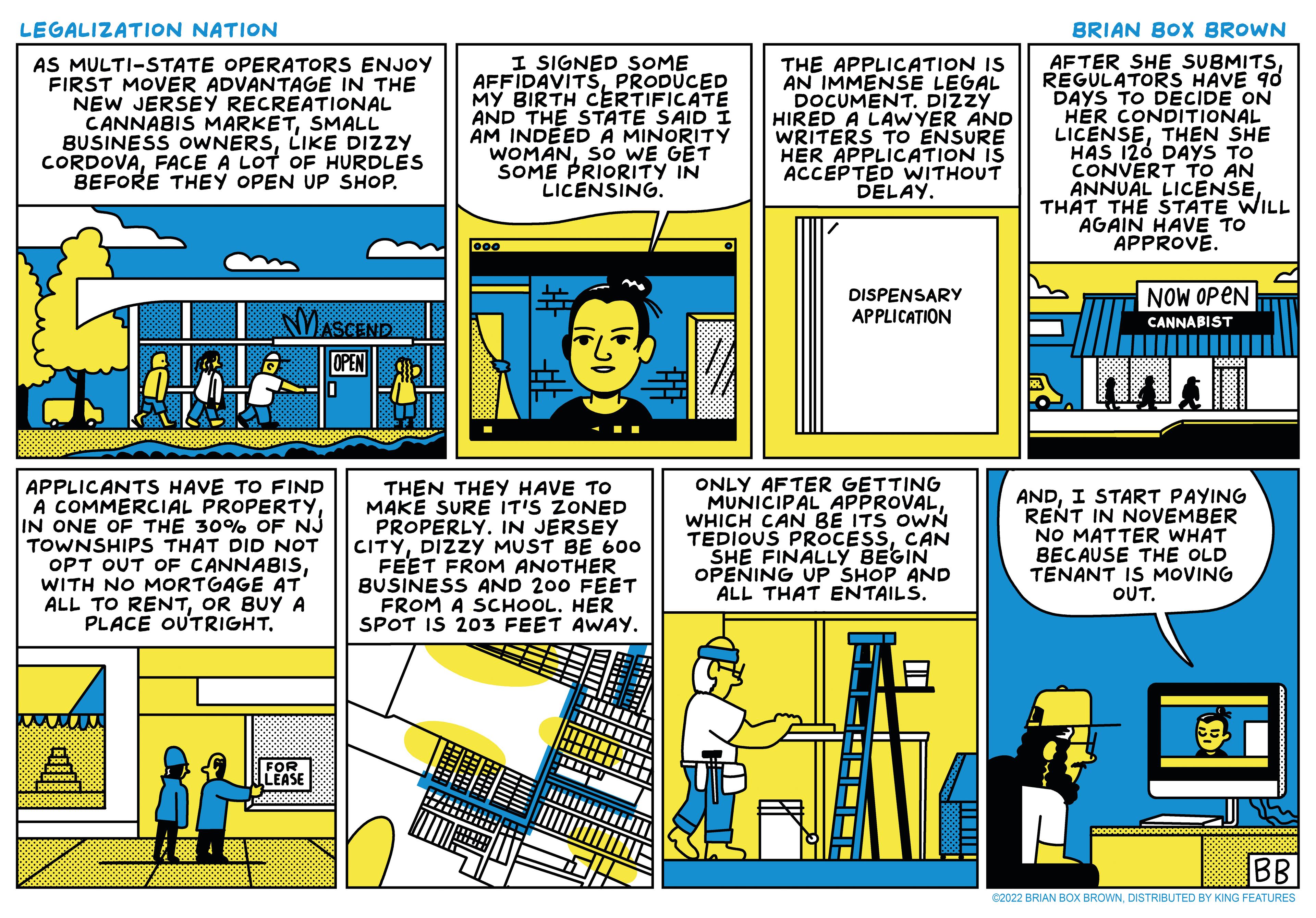 Illustration OCR: LEGALIZATION NATION AS MULTI-STATE OPERATORS ENJOY FIRST MOVER ADVANTAGE IN THE NEW JERSEY RECREATIONAL CANNABIS MARKETSMALL BUSINESS OWNERSLIKE DIZZY CORDOVAFACE A LOT OF HURDLES BEFORE THEY OPEN UP SHOP. MASCEND OPEN 0 APPLICANTS HAVE TO FIND A COMMERCIAL PROPERTYIN ONE OF THE 30% OF NJ TOWNSHIPS THAT DID NOT OPT OUT OF CANNABISWITH NO MORTGAGE AT ALL TO RENTOR BUY A PLACE OUTRIGHT. www ELLEASE I SIGNED SOME AFFIDAVITSPRODUCED MY BIRTH CERTIFICATE AND THE STATE SAID I AM INDEED A MINORITY WOMANSO WE GET SOME PRIORITY IN LICENSING. 000 L - L THEN THEY HAVE TO MAKE SURE IT'S ZONED PROPERLY. IN JERSEY CITYDIZZY MUST BE 600 FEET FROM ANOTHER BUSINESS AND 200 FEET FROM A SCHOOL. HER SPOT IS 203 FEET AWAY. BRIAN BOX BROWN AFTER SHE SUBMITSREGULATORS HAVE 90 DAYS TO DECIDE ON HER CONDITIONAL LICENSETHEN SHE HAS 126 DAYS TO CONVERT TO AN ANNUAL LICENSETHAT THE STATE WILL AGAIN HAVE TO APPROVE. NOW OPEN CANNABIST ANDI START PAYING RENT IN NOVEMBER NO MATTER WHAT BECAUSE THE OLD TENANT IS MOVING OUT. BB ©2022 BRIAN BOX BROWNDISTRIBUTED BY KING FEATURES THE APPLICATION IS AN IMMENSE LEGAL DOCUMENT. DIZZY HIRED A LAWYER AND WRITERS TO ENSURE HER APPLICATION IS ACCEPTED WITHOUT DELAY. DISPENSARY APPLICATION ONLY AFTER GETTING MUNICIPAL APPROVALWHICH CAN BE ITS OWN TEDIOUS PROCESSCAN SHE FINALLY BEGIN OPENING UP SHOP AND ALL THAT ENTAILS. LEGALIZATION NATION AS MULTI - STATE OPERATORS ENJOY FIRST MOVER ADVANTAGE IN THE NEW JERSEY RECREATIONAL CANNABIS MARKETSMALL BUSINESS OWNERSLIKE DIZZY CORDOVAFACE A LOT OF HURDLES BEFORE THEY OPEN UP SHOP . MASCEND OPEN 0 APPLICANTS HAVE TO FIND A COMMERCIAL PROPERTYIN ONE OF THE 30 % OF NJ TOWNSHIPS THAT DID NOT OPT OUT OF CANNABISWITH NO MORTGAGE AT ALL TO RENTOR BUY A PLACE OUTRIGHT . www ELLEASE I SIGNED SOME AFFIDAVITSPRODUCED MY BIRTH CERTIFICATE AND THE STATE SAID I AM INDEED A MINORITY WOMANSO WE GET SOME PRIORITY IN LICENSING . 000 L - L THEN THEY HAVE TO MAKE SURE IT'S ZONED PROPERLY . IN JERSEY CITYDIZZY MUST BE 600 FEET FROM ANOTHER BUSINESS AND 200 FEET FROM A SCHOOL . HER SPOT IS 203 FEET AWAY . BRIAN BOX BROWN AFTER SHE SUBMITSREGULATORS HAVE 90 DAYS TO DECIDE ON HER CONDITIONAL LICENSETHEN SHE HAS 126 DAYS TO CONVERT TO AN ANNUAL LICENSETHAT THE STATE WILL AGAIN HAVE TO APPROVE . NOW OPEN CANNABIST ANDI START PAYING RENT IN NOVEMBER NO MATTER WHAT BECAUSE THE OLD TENANT IS MOVING OUT . BB © 2022 BRIAN BOX BROWNDISTRIBUTED BY KING FEATURES THE APPLICATION IS AN IMMENSE LEGAL DOCUMENT . DIZZY HIRED A LAWYER AND WRITERS TO ENSURE HER APPLICATION IS ACCEPTED WITHOUT DELAY . DISPENSARY APPLICATION ONLY AFTER GETTING MUNICIPAL APPROVALWHICH CAN BE ITS OWN TEDIOUS PROCESSCAN SHE FINALLY BEGIN OPENING UP SHOP AND ALL THAT ENTAILS .