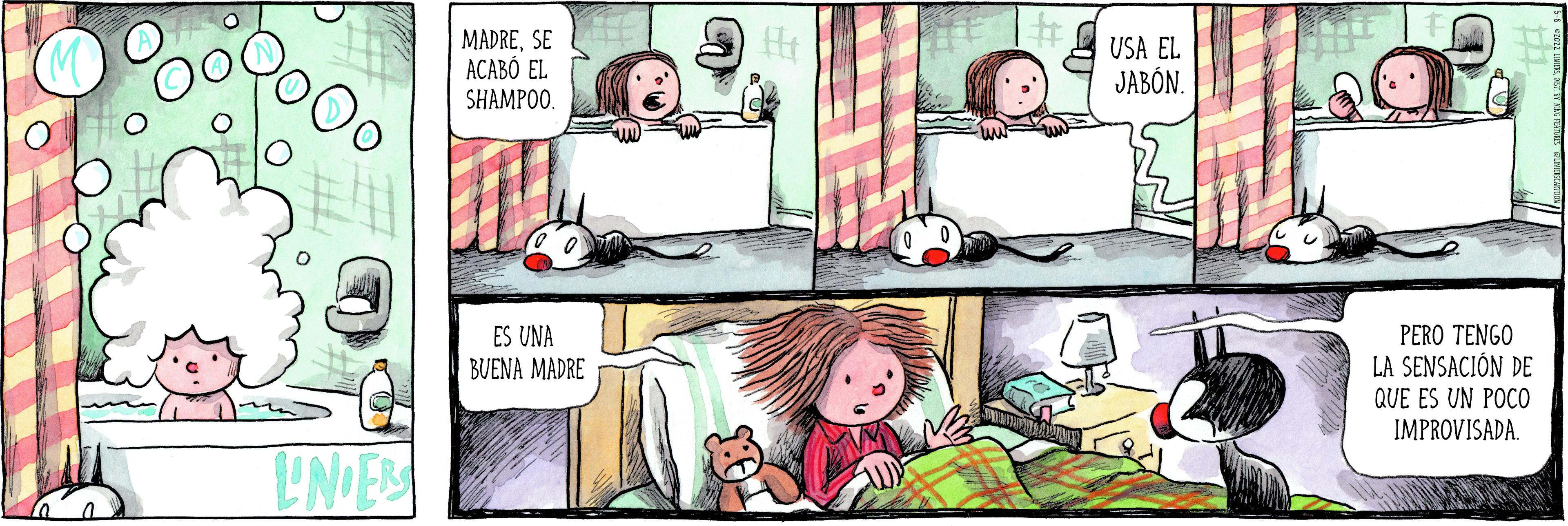 Illustration OCR: MADRESE ACABÓ EL SHAMPOO. USA EL JABÓN. ES UNA BUENA MADRE PERO TENGO LA SENSACIÓN DE QUE ES UN POCO IMPROVISADA. LNERS MADRESE ACABÓ EL SHAMPOO. USA EL JABÓN. ES UNA BUENA MADRE PERO TENGO LA SENSACIÓN DE QUE ES UN POCO IMPROVISADA. LNERS