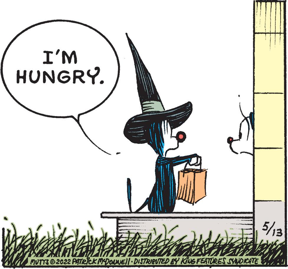 Costume hat OCR: I'M HUNGRY. 5/13 MUTTSO 2022 PATRICKMDONNEl DISTRIBUTED BY KING FEATURES SNDICATE I'M HUNGRY. 5/13 MUTTSO 2022 PATRICKMDONNEl DISTRIBUTED BY KING FEATURES SNDICATE